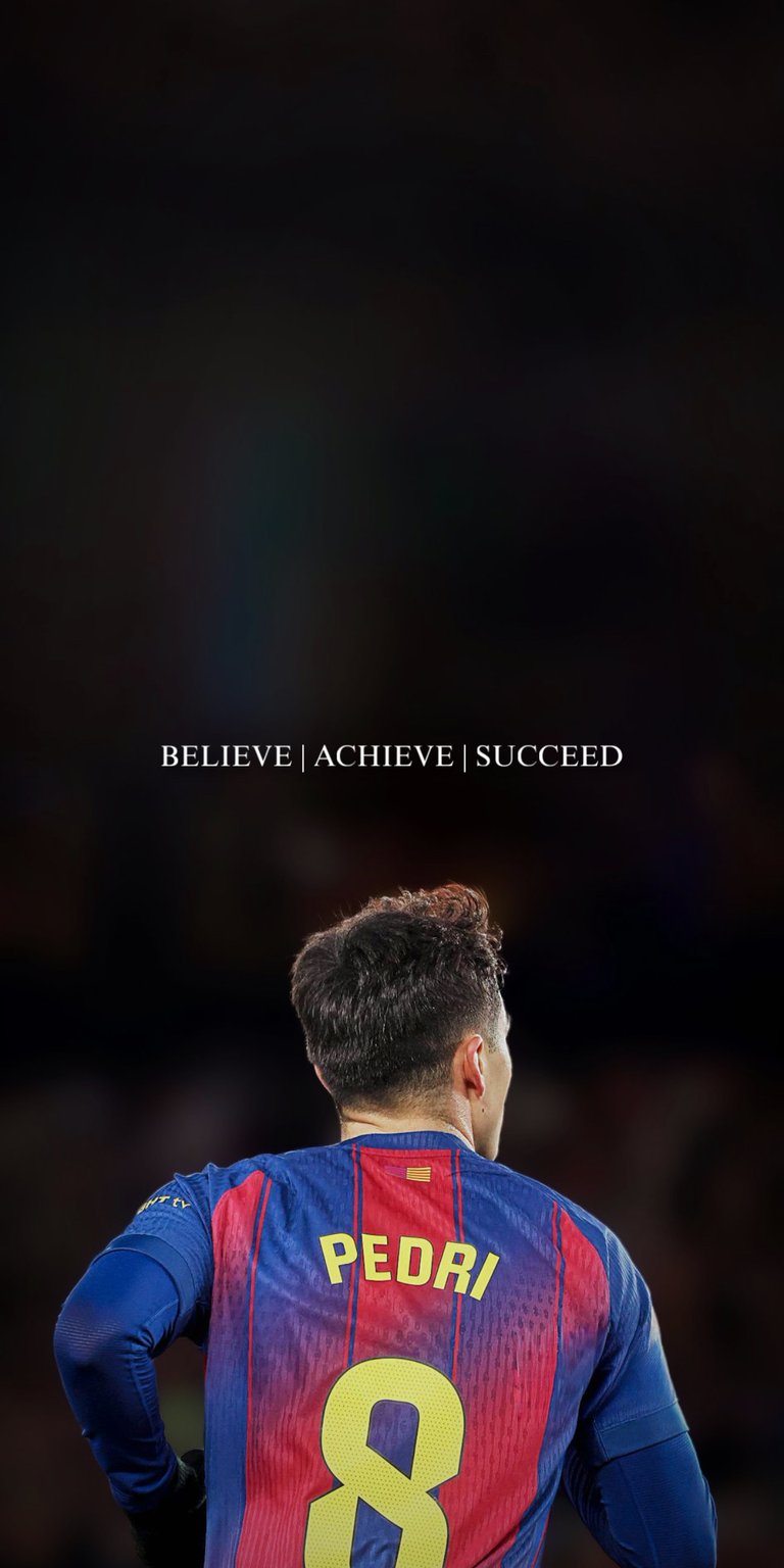Elevate your screen with this high-definition live wallpaper featuring FC Barcelona’s midfield maestro, Pedri. The design captures a focused back-profile view of the player in the iconic Blaugrana kit, set against a dark, minimalist stadium atmosphere. Topped with the powerful motivational mantra "BELIEVE | ACHIEVE | SUCCEED," this wallpaper is perfect for fans who want a mix of elite football talent and daily inspiration.