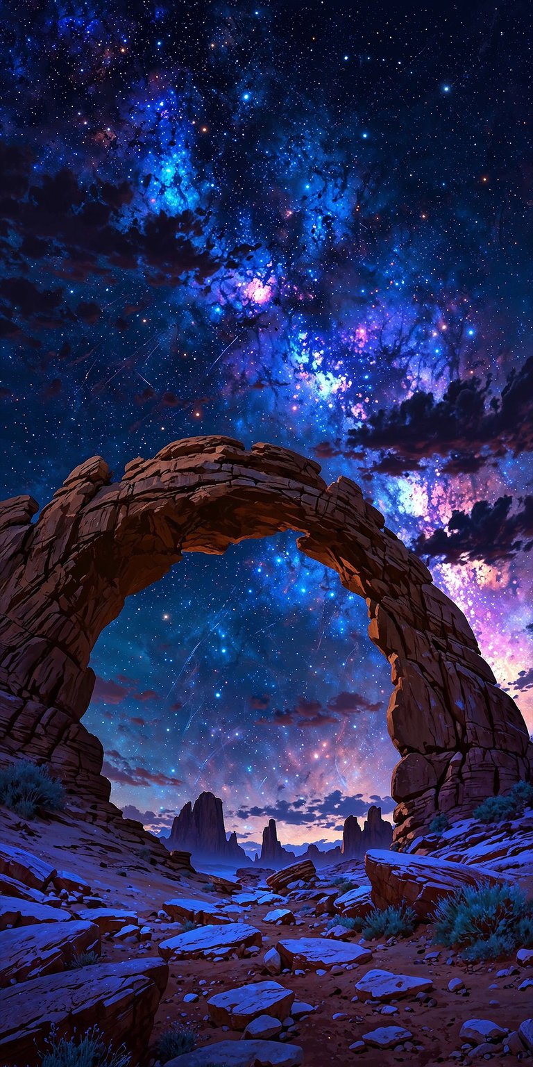 This stunning Star Arch 4K wallpaper showcases a breathtaking night sky with shooting stars and a majestic natural rock arch. Perfect for your iPhone, this wallpaper provides a cosmic and captivating visual experience.