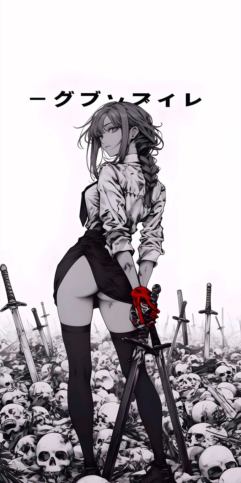 Stylize your mobile device with this 4K wallpaper featuring Makima from Chainsaw Man standing over a field of skulls. This anime wallpaper captures the dark, aesthetic vibe of the series in stunning 4K resolution for your phone.
