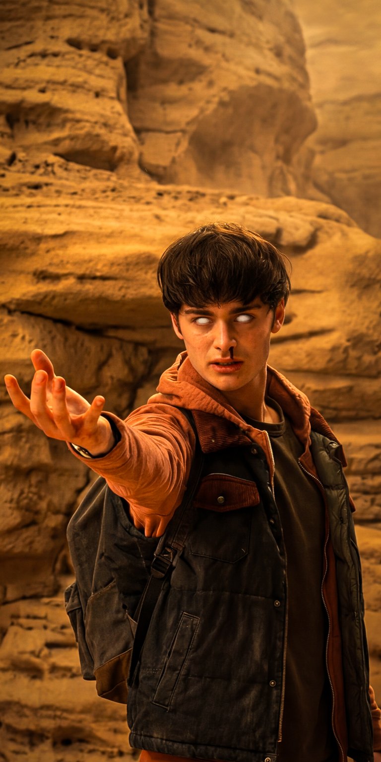 Download this high-quality Will Byers 4K wallpaper for your iPhone. The wallpaper features Will with glowing white eyes, a nosebleed, standing against a desert backdrop, and wearing a stylish padded jacket.