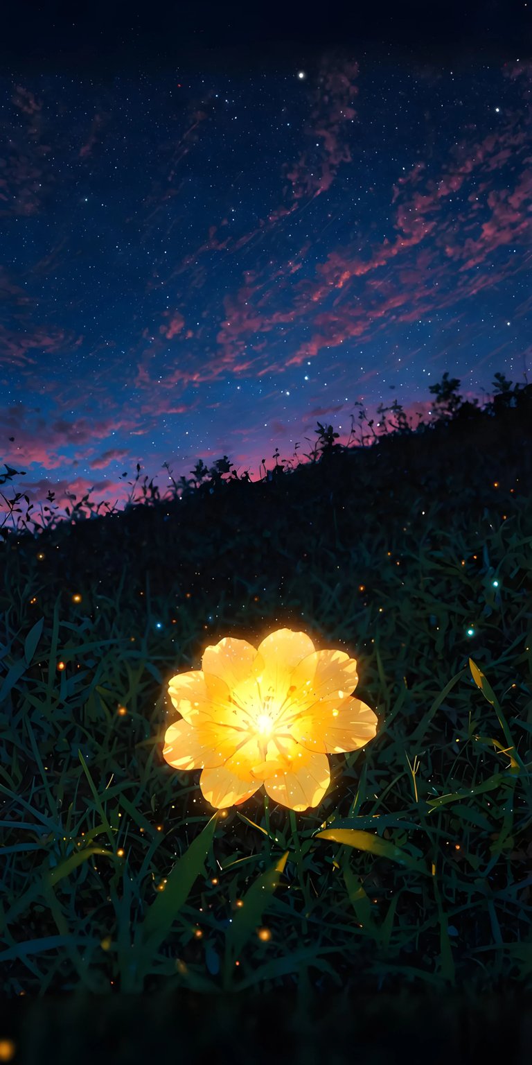 Download this stunning glowing flower lily 4K wallpaper for your iPhone. The wallpaper features a single bright flower in a field of grass, firefly lights, and a starry sky.