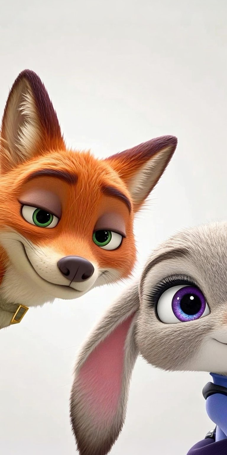 Download this stunning Nick Wilde and Judy Hopps 4K wallpaper for your iPhone, showcasing their expressive green and purple eyes. This vibrant wallpaper captures their detailed fur textures and captivating expressions.