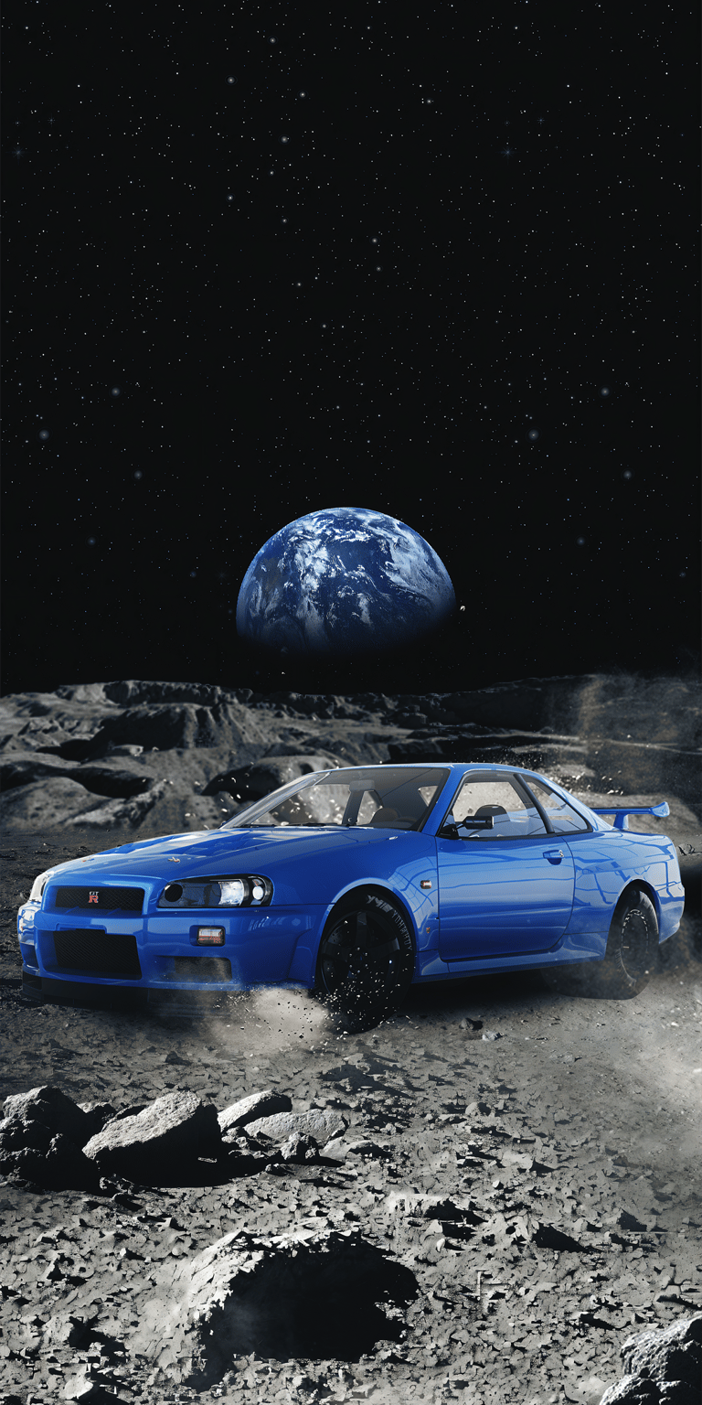 GTR R34 bayside blue in space wallpaper 4k iPhone