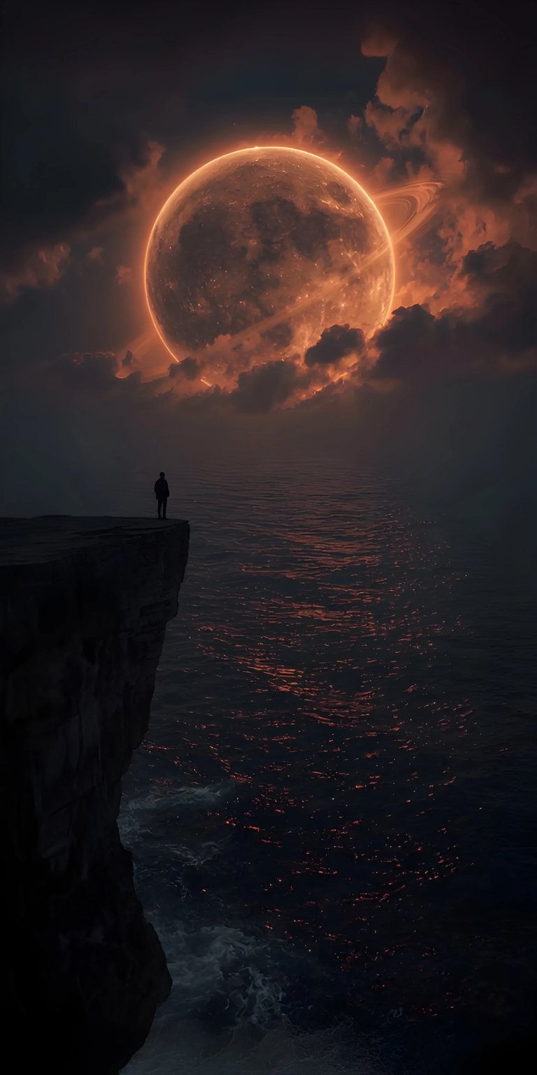Download this stunning Ocean Planet wallpaper in 4K, perfect for your iPhone. Witness a solitary figure silhouetted against a massive, ringed planet hovering over a dark, reflective ocean.