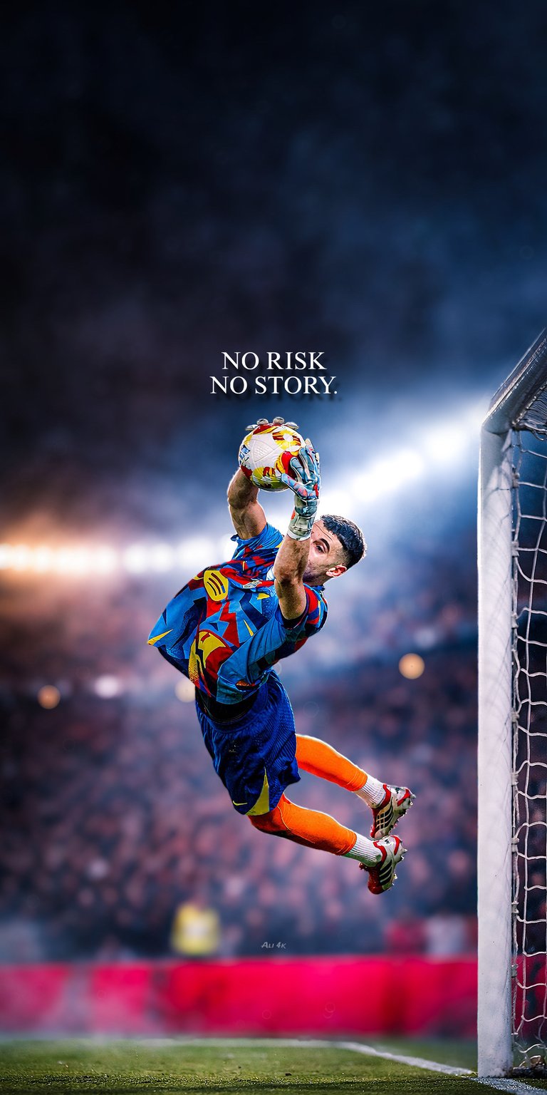Joan Garcia 4K wallpaper presented in Aesthetic wallpapers style, capturing a dramatic in-air save with cinematic motion and depth. This wallpaper is optimized for iPhone, using vivid blue and red colors, bright stadium lighting, and an intense high-action mood to stand out as a wallpaper.