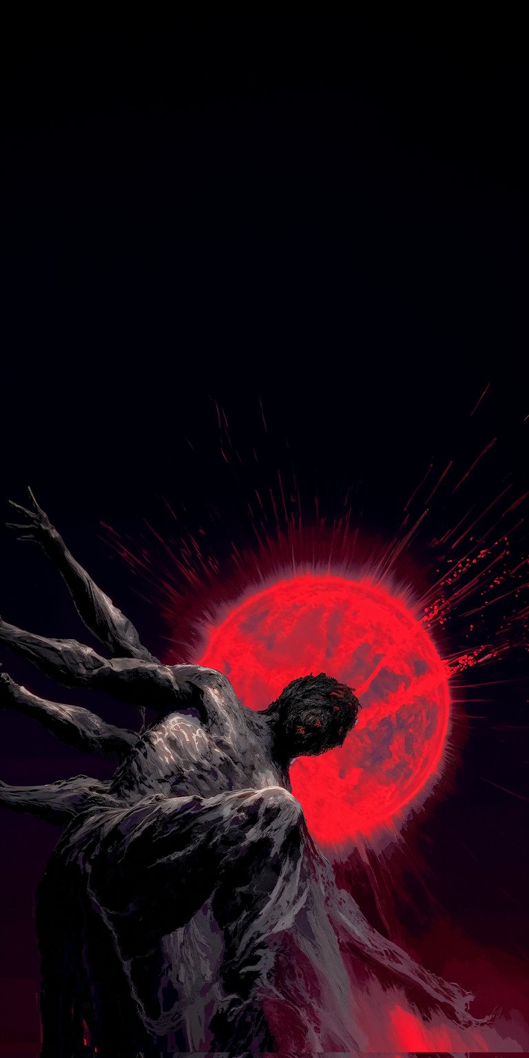 This striking 4K wallpaper showcases Malenia, Blade of Miquella, silhouetted against a blood-red moon. Designed for iPhone, the image features her signature prosthetic arm and the haunting, ethereal aesthetic of the Scarlet Rot.