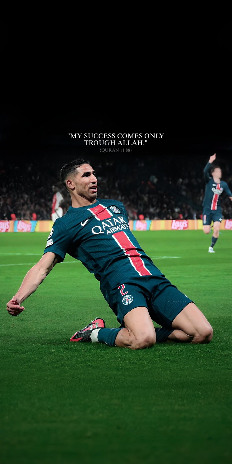 The image is a promotional photo of Moroccan professional footballer Achraf Hakimi playing for Paris Saint-Germain 4k football wallpaper