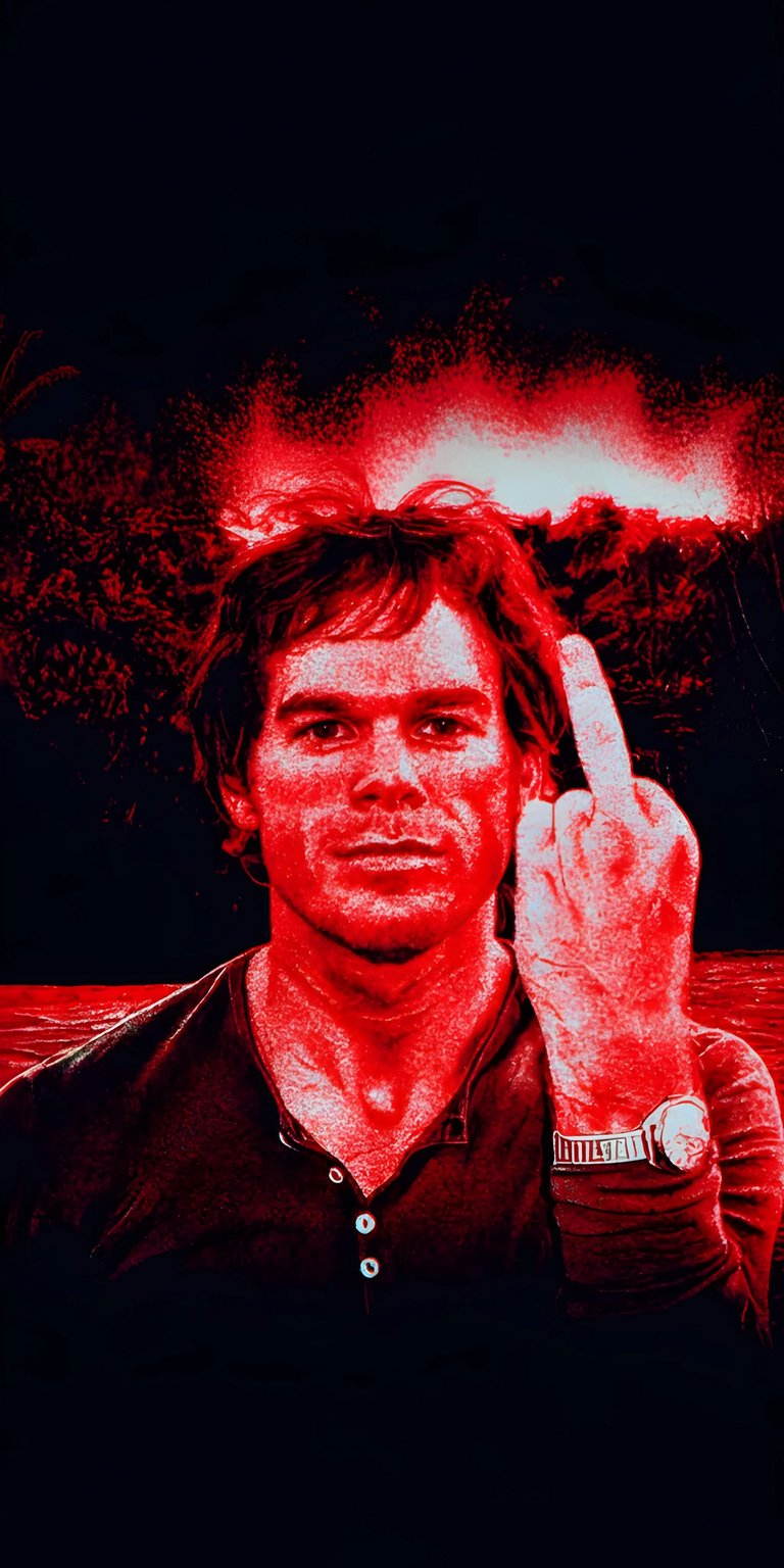 Download this Dexter Morgan 4K wallpaper for your iPhone, showcasing the iconic character flipping the bird against a striking red and black backdrop with palm trees in the distance. This high-resolution wallpaper captures Dexter's defiance with its bold red tones and clear image.