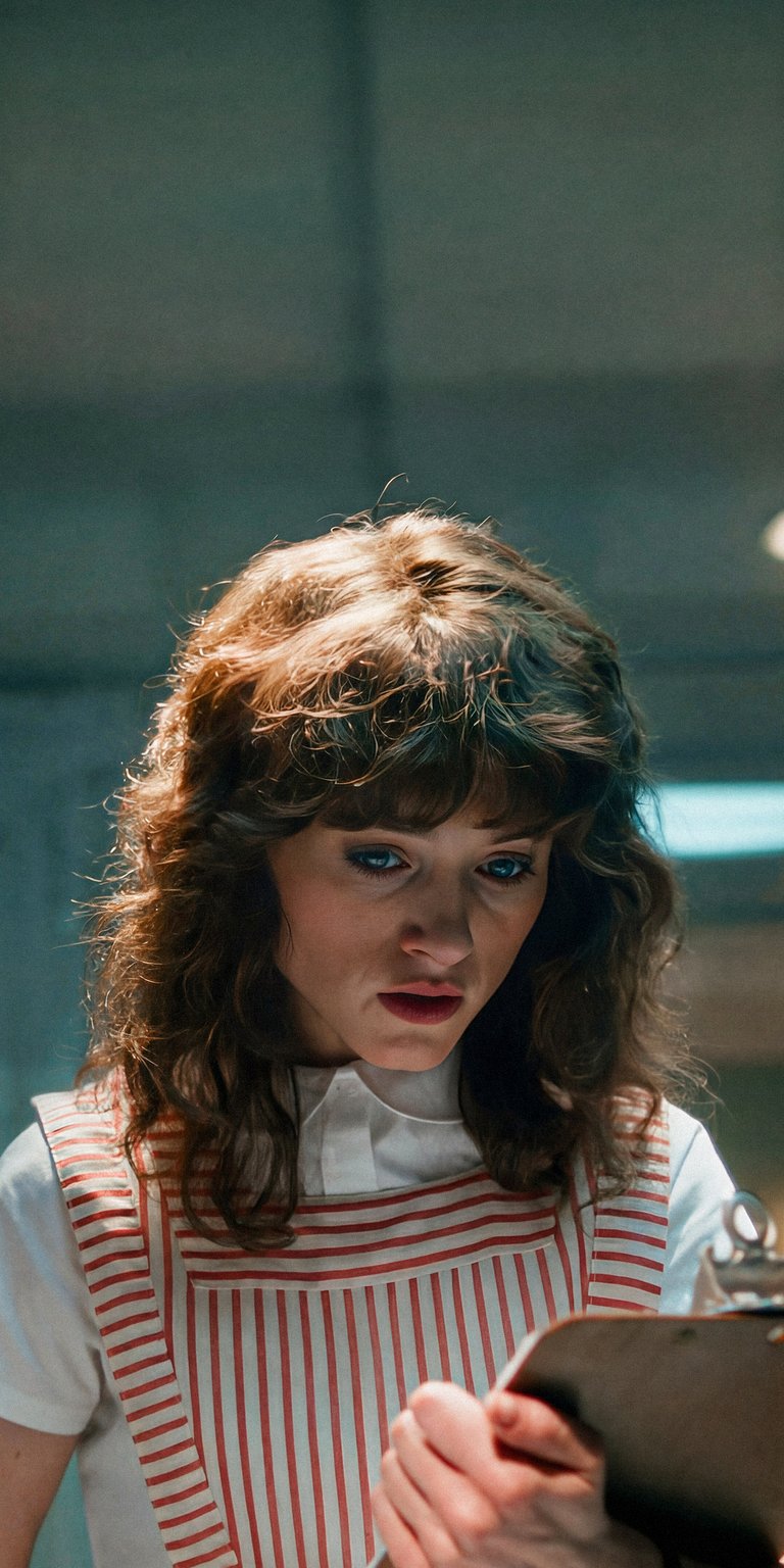 Download this stunning Nancy Wheeler 4K wallpaper for your iPhone today! This high-quality wallpaper features Nancy in a striped apron, wavy brown hair, and holding a clipboard.