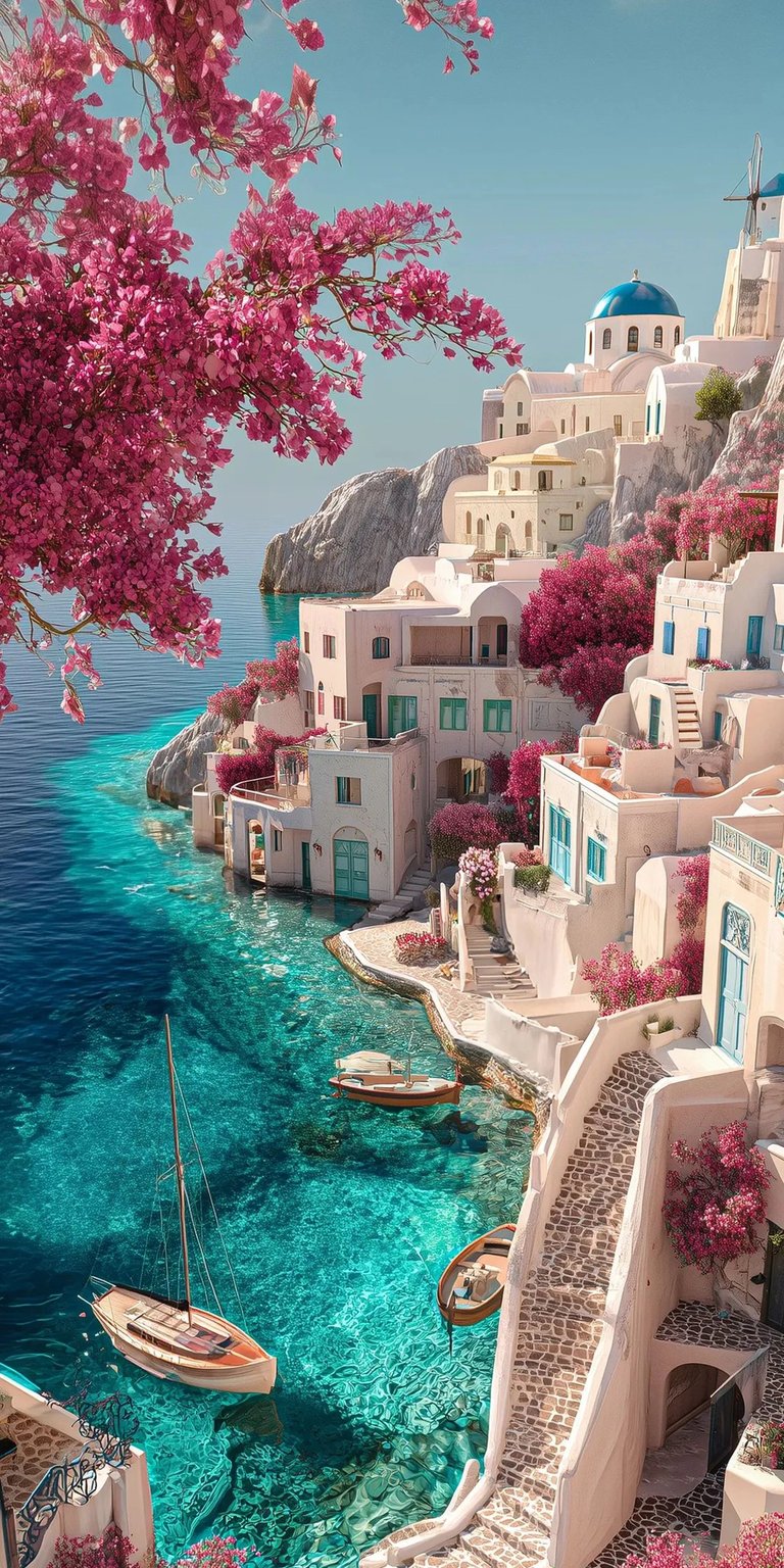 Enjoy this Santorini 4K wallpaper on your iPhone, featuring a picturesque view of the island with bright pink foliage. The turquoise water and quaint boats complete this stunning wallpaper.