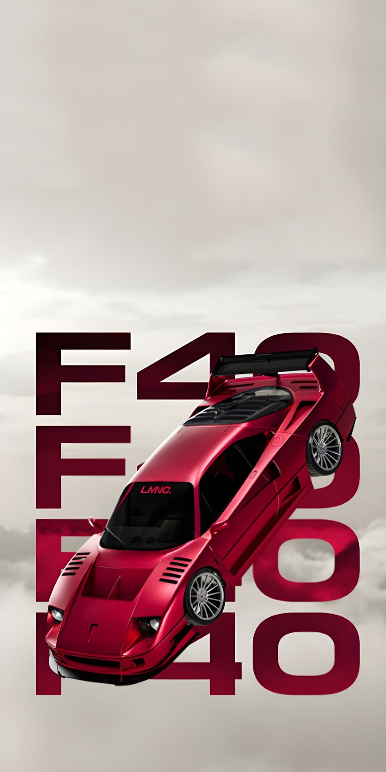 This 3D spatial 4K wallpaper showcases a legendary red Ferrari F40 positioned behind a stylized clock display to create a modern depth effect. Upgrade your iPhone wallpaper with this high-octane automotive design featuring bold typography and sleek vehicle lines.