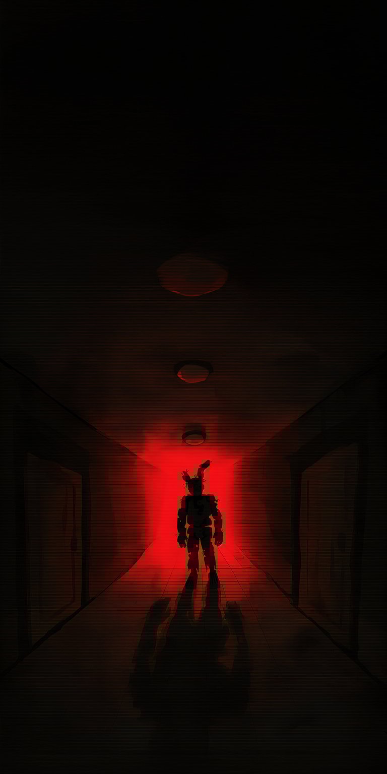 An intensely dark and atmospheric 4K wallpaper inspired by the horror game series Five Nights at Freddy's (FNAF). The image depicts a small, isolated shadow figure standing at the end of a long, dimly lit, sinister hallway. The stark contrast and deep shadows create a chilling sense of dread, appealing directly to fans of FNAF, horror, and creepy animatronic aesthetics.