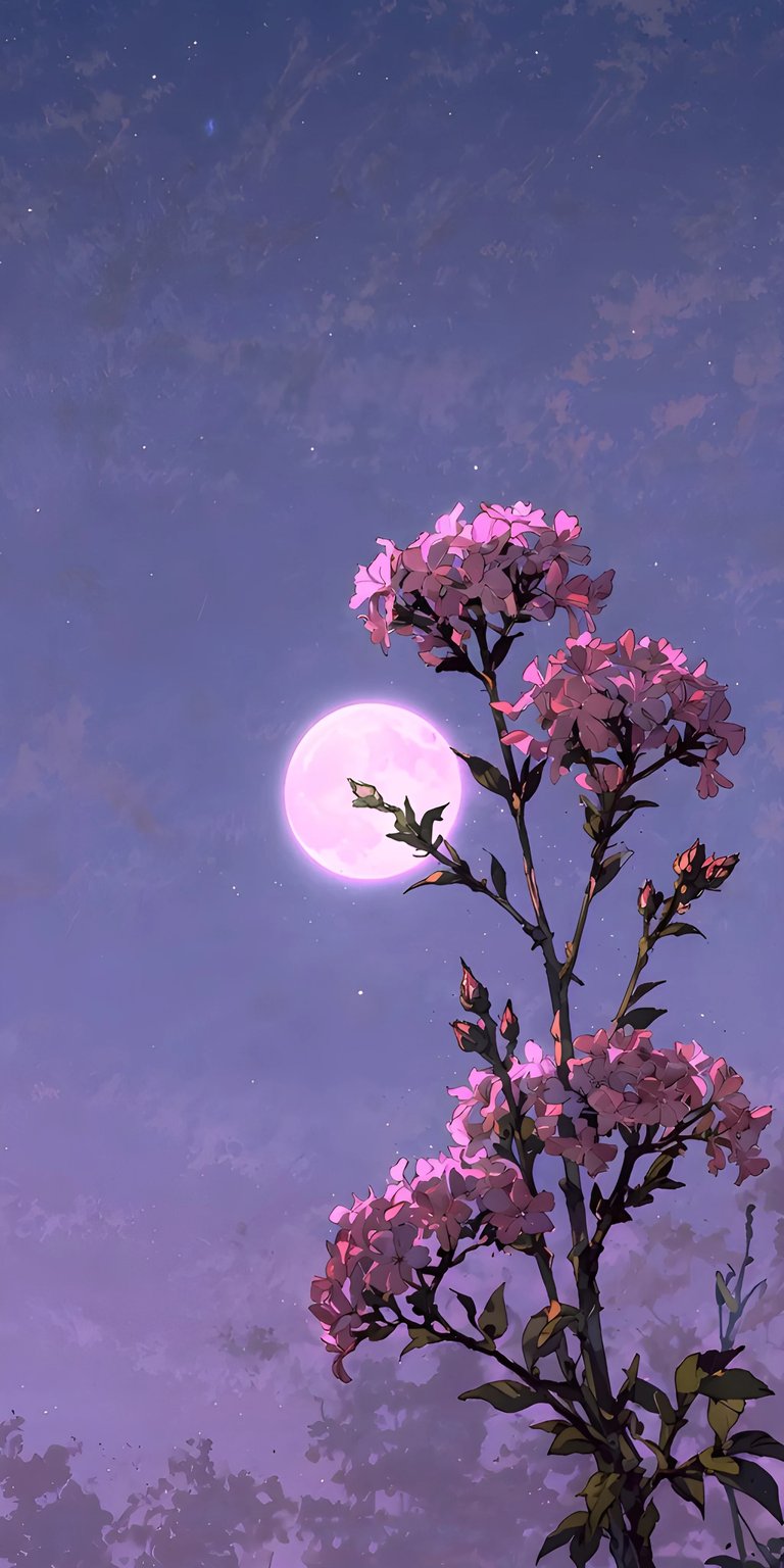 Download this beautiful Pink Moon wallpaper in 4K resolution for your iPhone, featuring a vivid night scene with a large moon illuminating clusters of pale pink blossoms and a star-speckled lavender sky. This stunning wallpaper brings a touch of serene, natural beauty to your mobile device.