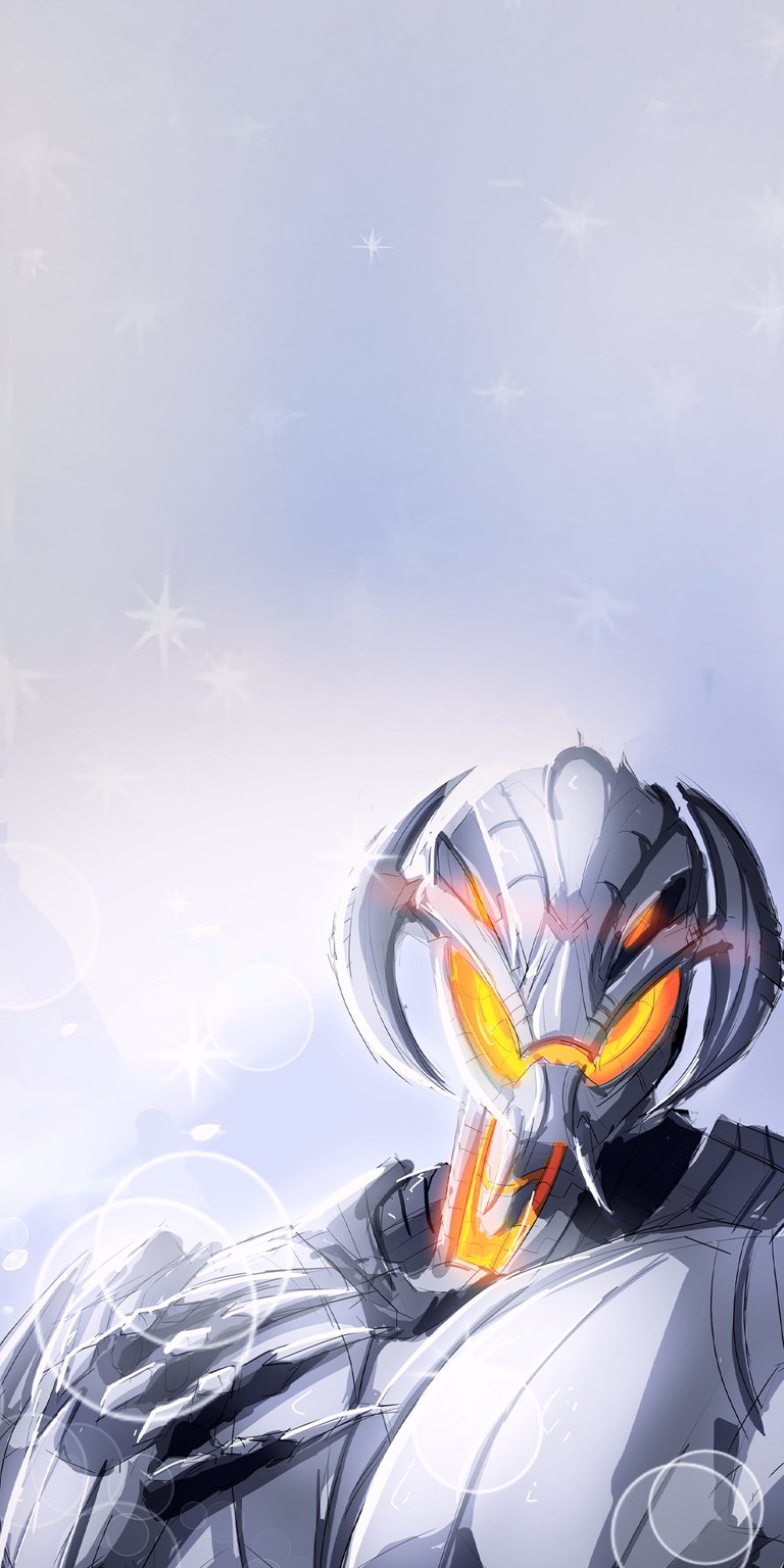 Download this Ultron wallpaper in 4K resolution for your iPhone today! This wallpaper features Ultron with glowing orange eyes and sharp, metallic armor against a faded starscape background.
