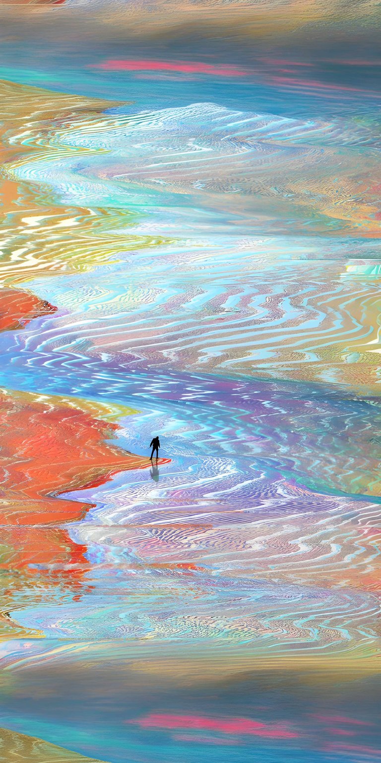 Download this stunning abstract beach 4K wallpaper for your iPhone, showcasing a lone figure standing on the water's edge. The wallpaper features a unique, rippled water texture with vibrant hues of orange, blue, and purple.