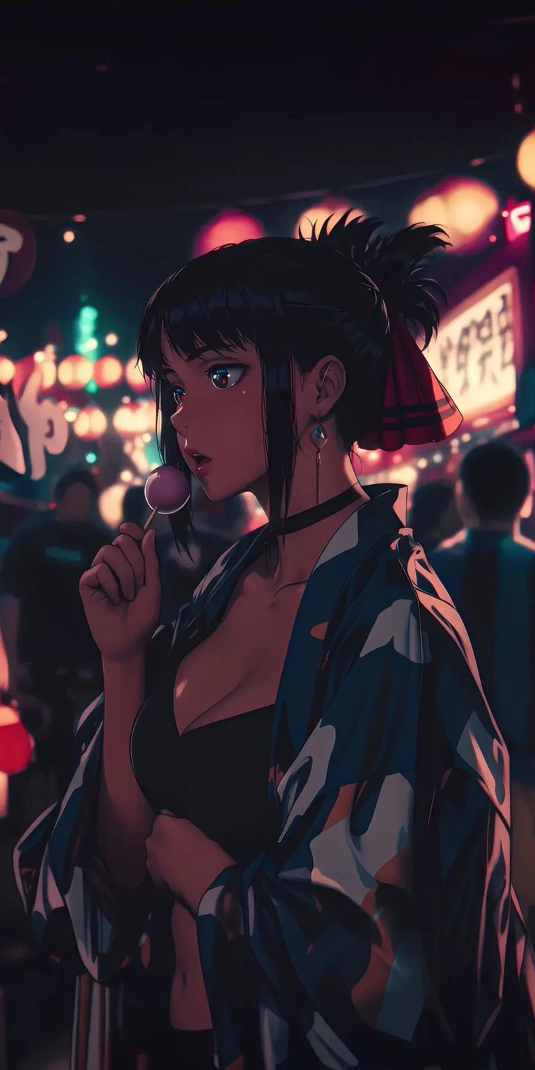 Download this stunning anime girl wallpaper for your iPhone. This 4K wallpaper features a girl with a lollipop in a kimono standing in front of lanterns.