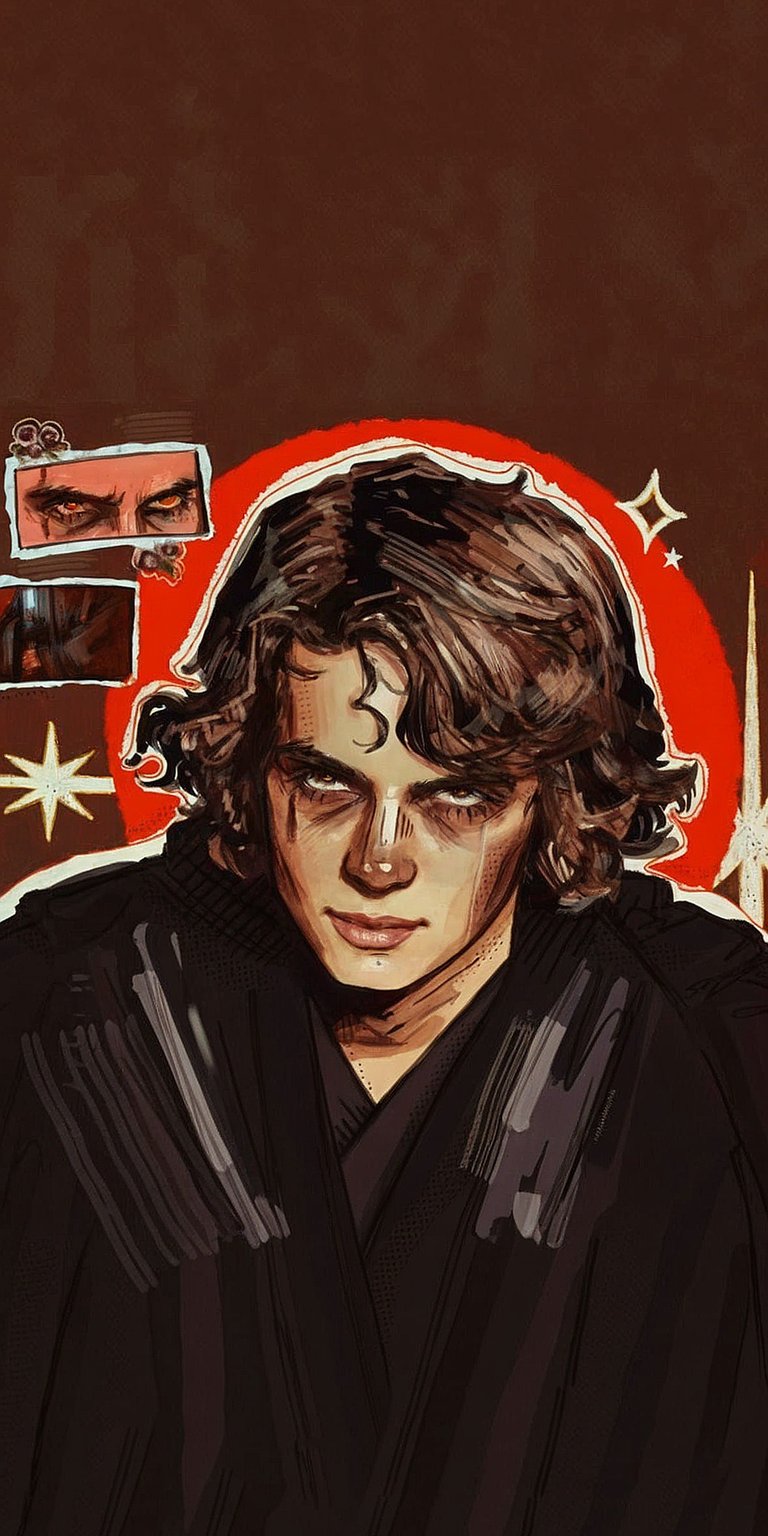 Anakin Skywalker 4K wallpaper showcasing a stylized illustrated portrait with warm red tones and cinematic shadows. This aesthetic wallpaper gives a bold character-focused look perfect for iPhone lock screen and home screen.
