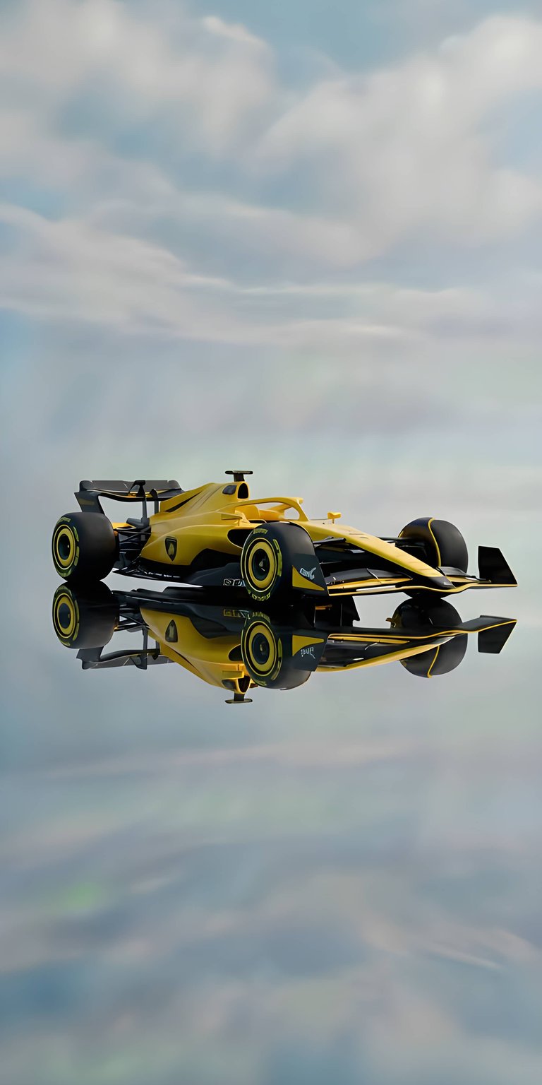 This 4K wallpaper features a vibrant yellow Formula 1 car, reminiscent of the classic Renault/Alpine motorsport identity. The car sits on a mirror-like floor, creating a perfect symmetrical reflection against a neutral, overcast sky. The bold yellow and black contrast provides a high-visibility, professional look for fans of world-class racing and precision automotive design.