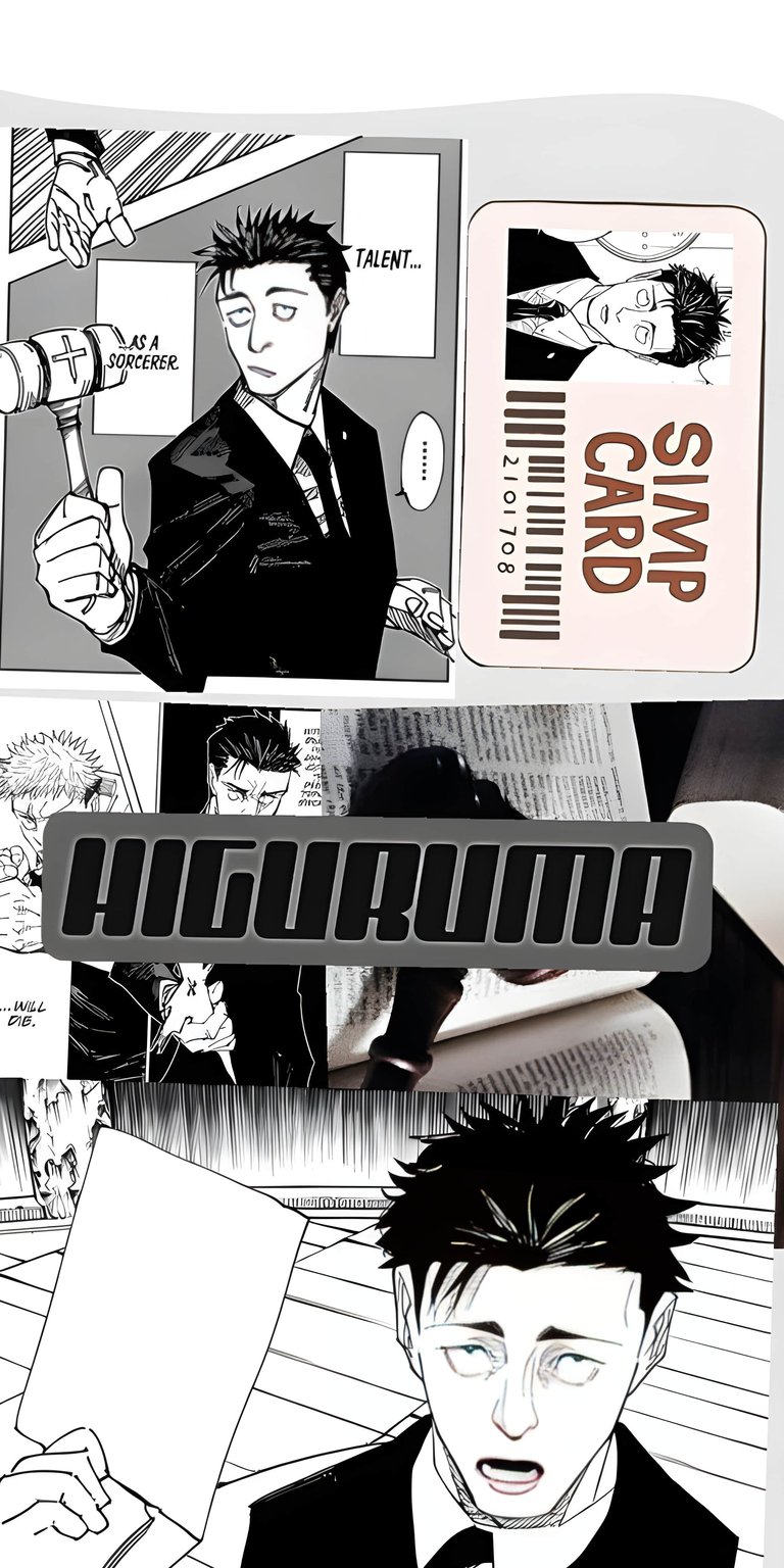 Download this unique Higuruma 4K wallpaper for your iPhone! The wallpaper features a manga style image of Higuruma next to a gavel and a "Simp Card".