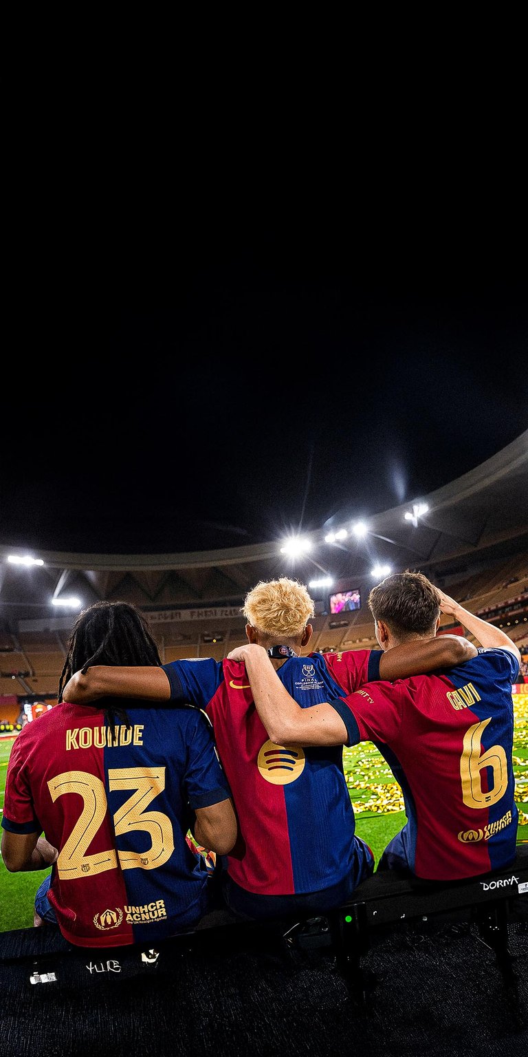 Lamine Yamal, Jules Kounde, and Gavi of Barcelona celebrate victory Wallpaper 4k Mobile