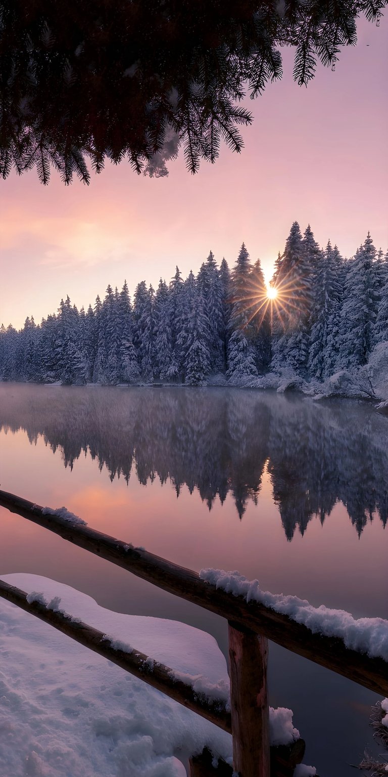 Download this breathtaking winter forest 4K wallpaper for your iPhone, showcasing snow-covered fir trees reflecting on a still lake, with the sun peeking through the branches and a snow-laden wooden fence.