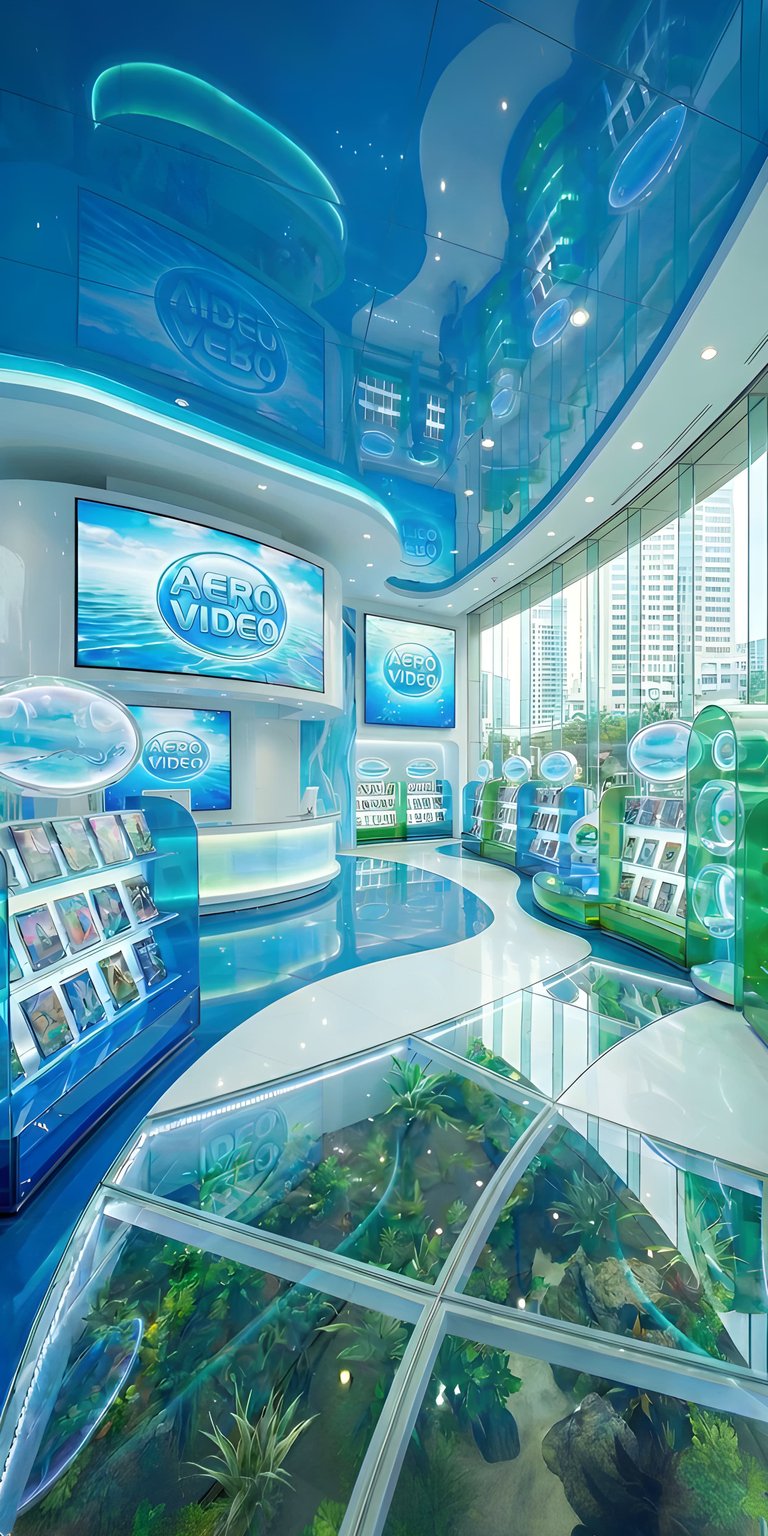 Elevate your iPhone with this Aero Video 4K wallpaper showcasing a sleek, modern interior. The wallpaper features a stunning glass floor revealing a miniature forest, complemented by vibrant blue accents and an array of digital displays.