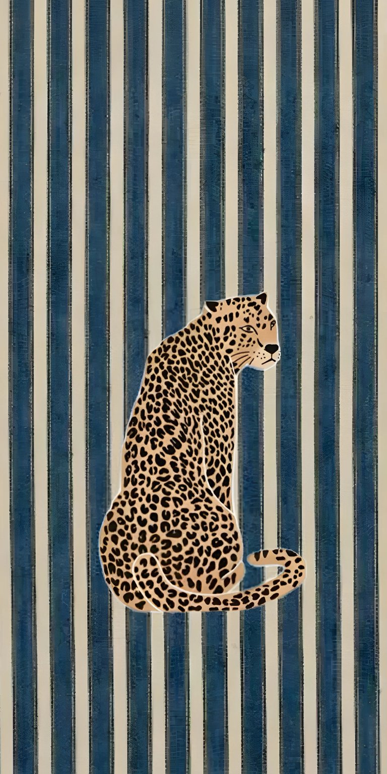 Download this stunning leopard wallpaper in 4K resolution, perfect for your iPhone. The design features a sitting leopard with a curled tail against bold blue and white stripes.