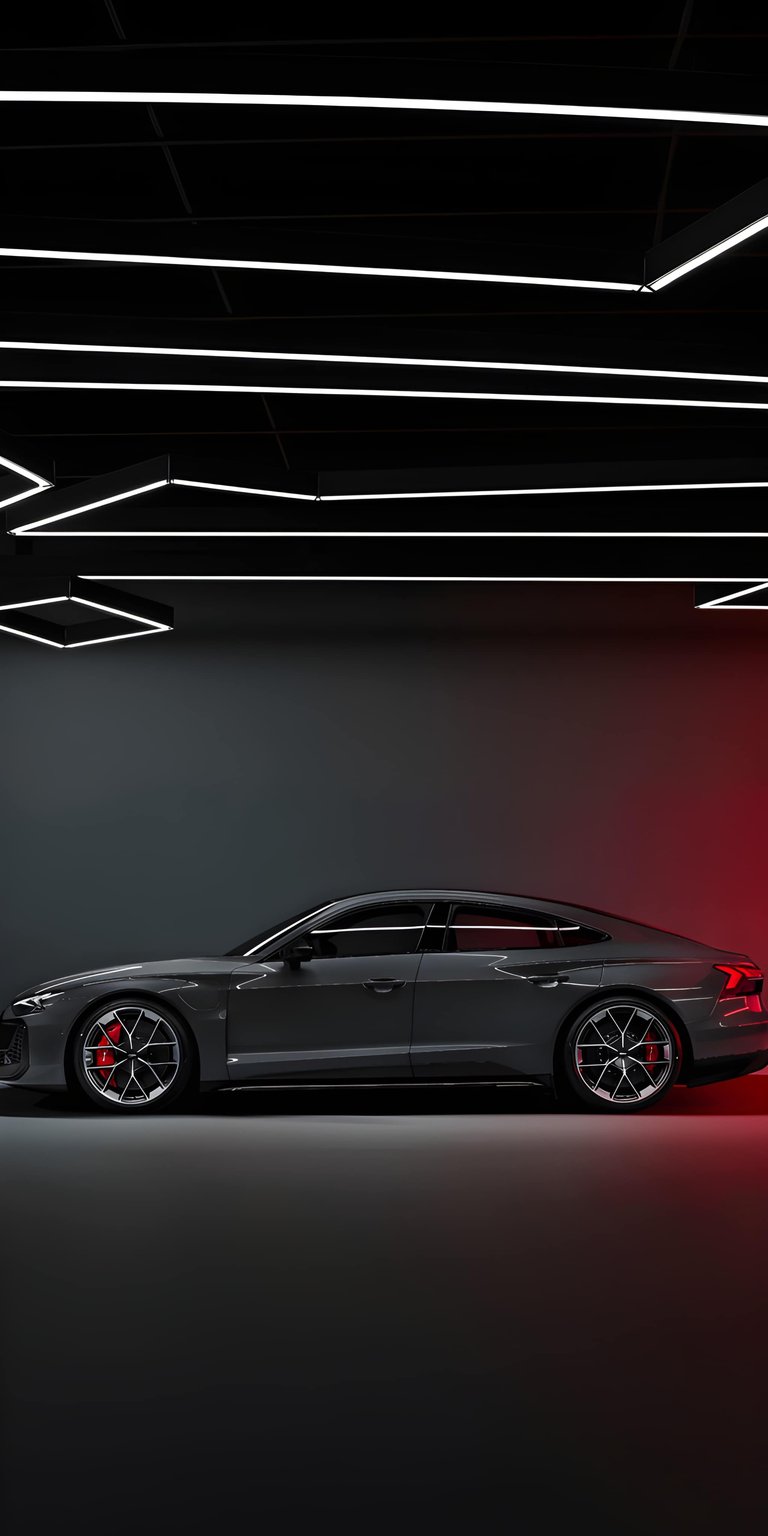 This Audi e-tron GT wallpaper features the sleek electric sedan in a modern, moody garage setting. The grey metallic finish and sharp lighting make it a premium aesthetic wallpaper for your iPhone.