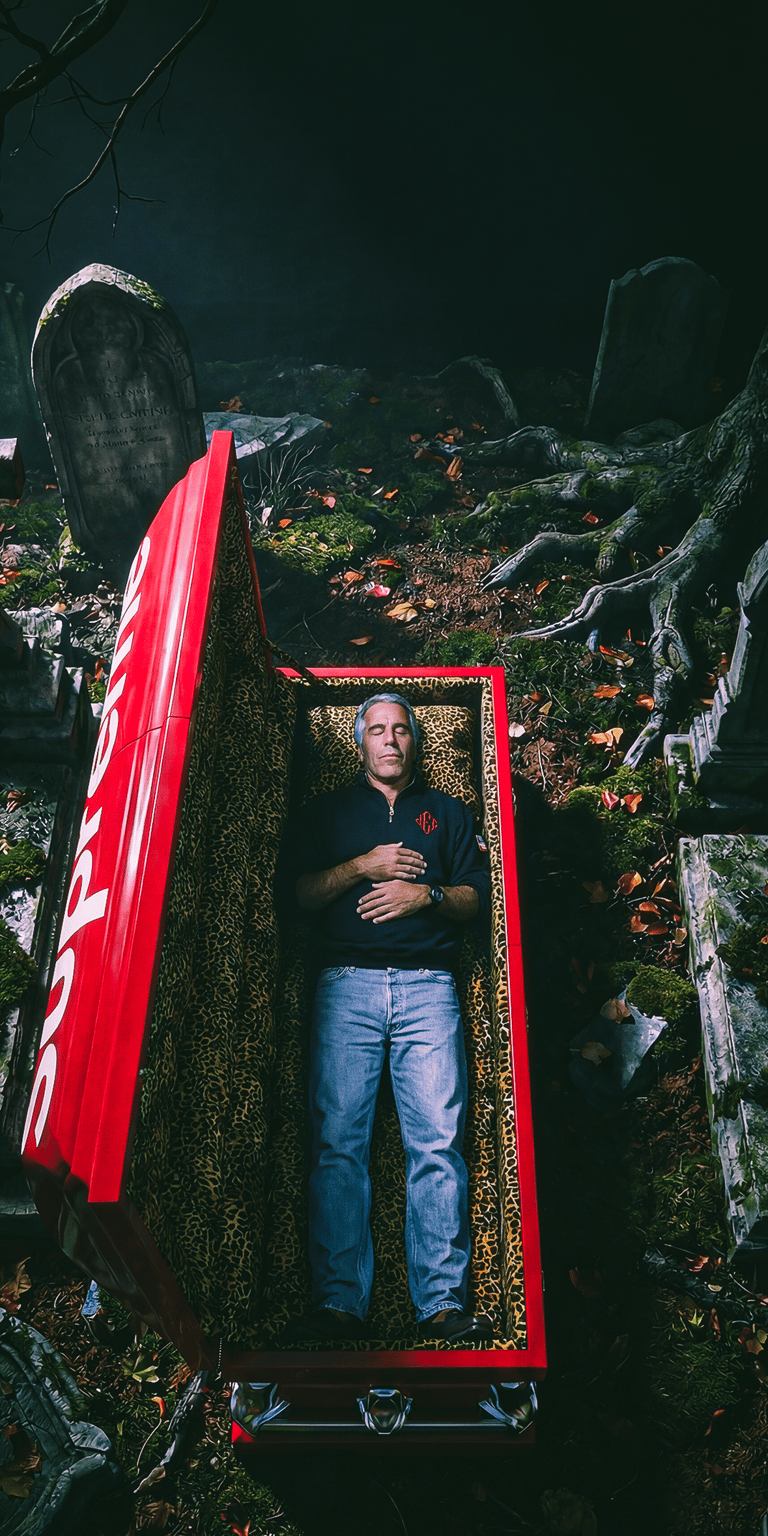 Jeffrey Epstein lies inside a Supremered branded casket within a dark, mossy graveyard. This provocative aesthetic wallpaper features high-contrast red and green tones for a unique iPhone lock screen.