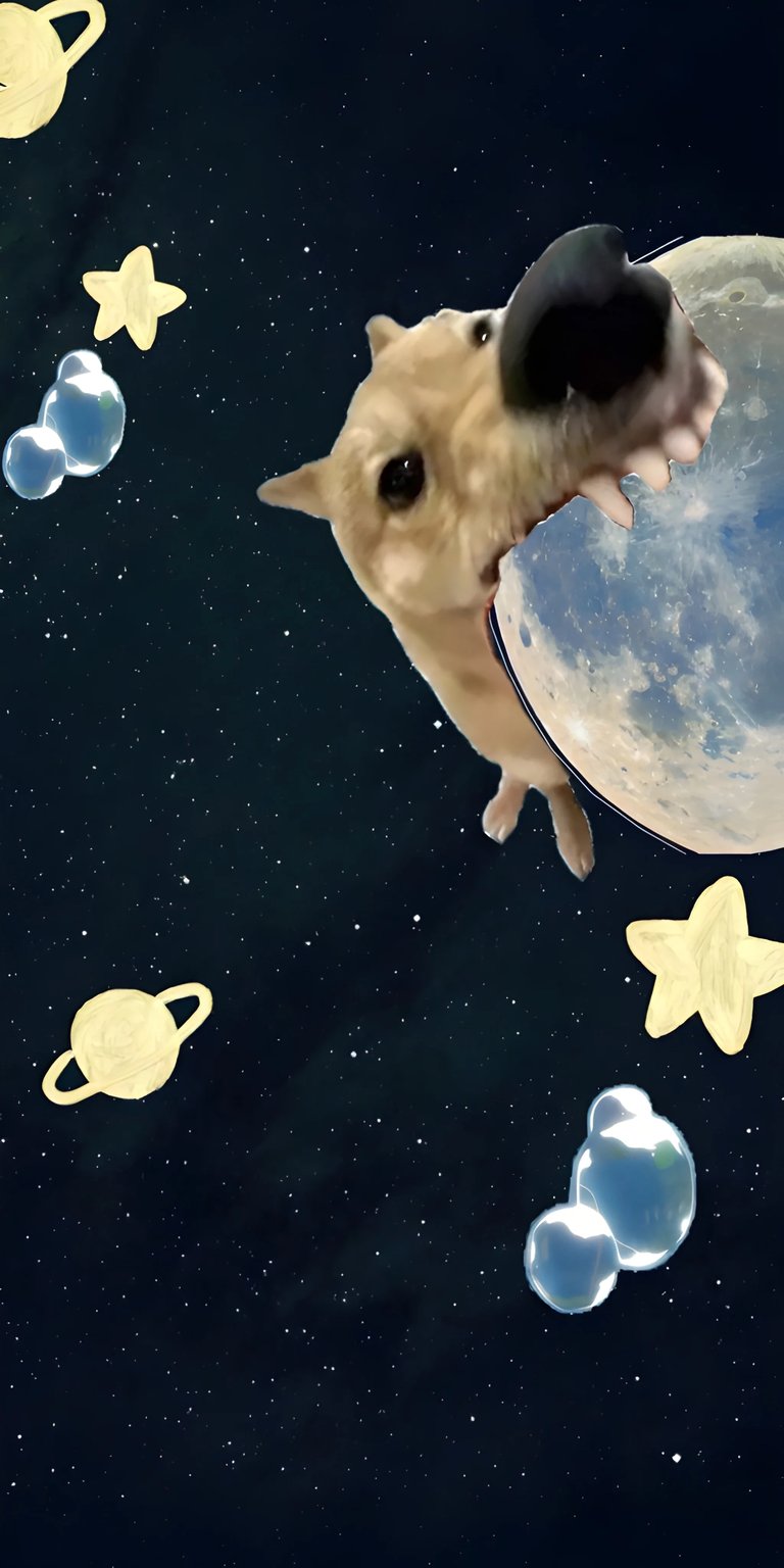 Download this adorable dog wallpaper for your iPhone in stunning 4K resolution. The dog pops out of a crescent moon in a starry sky with bubble planets and golden stars.