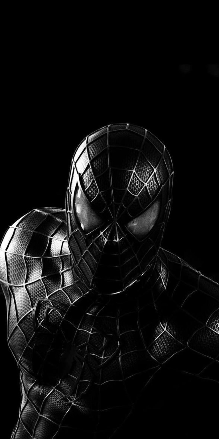 Download this striking 4K wallpaper of Black Suit Spiderman for your iPhone, showcasing his detailed webbed suit and menacing black eyes. This iPhone wallpaper features a sleek, dark aesthetic with a lock screen overlay showing the time and date.