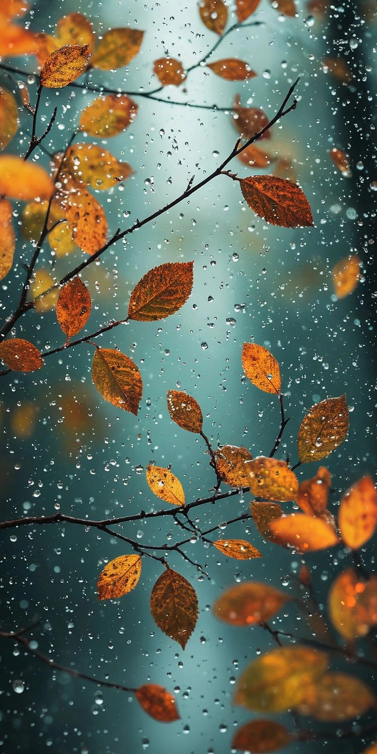 Download this stunning 4K wallpaper featuring autumn leaves covered in glistening raindrops for your iPhone. The rich amber hues of the leaves and the blurred background create a captivating visual.