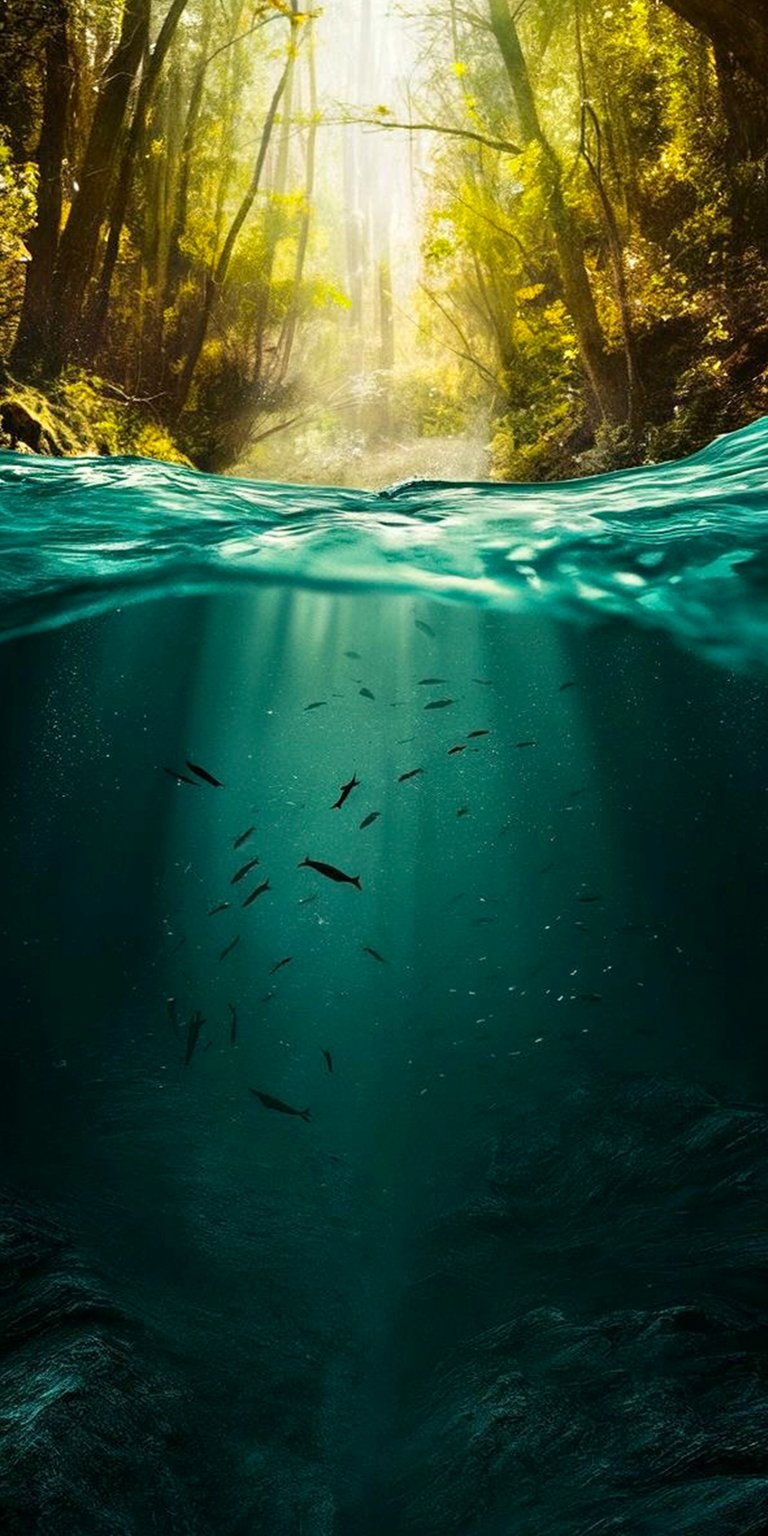 Transform your iPhone with this stunning 4K wallpaper showcasing a forest half submerged in water. See the sunbeams pierce through the trees above and illuminate the many fish swimming below.