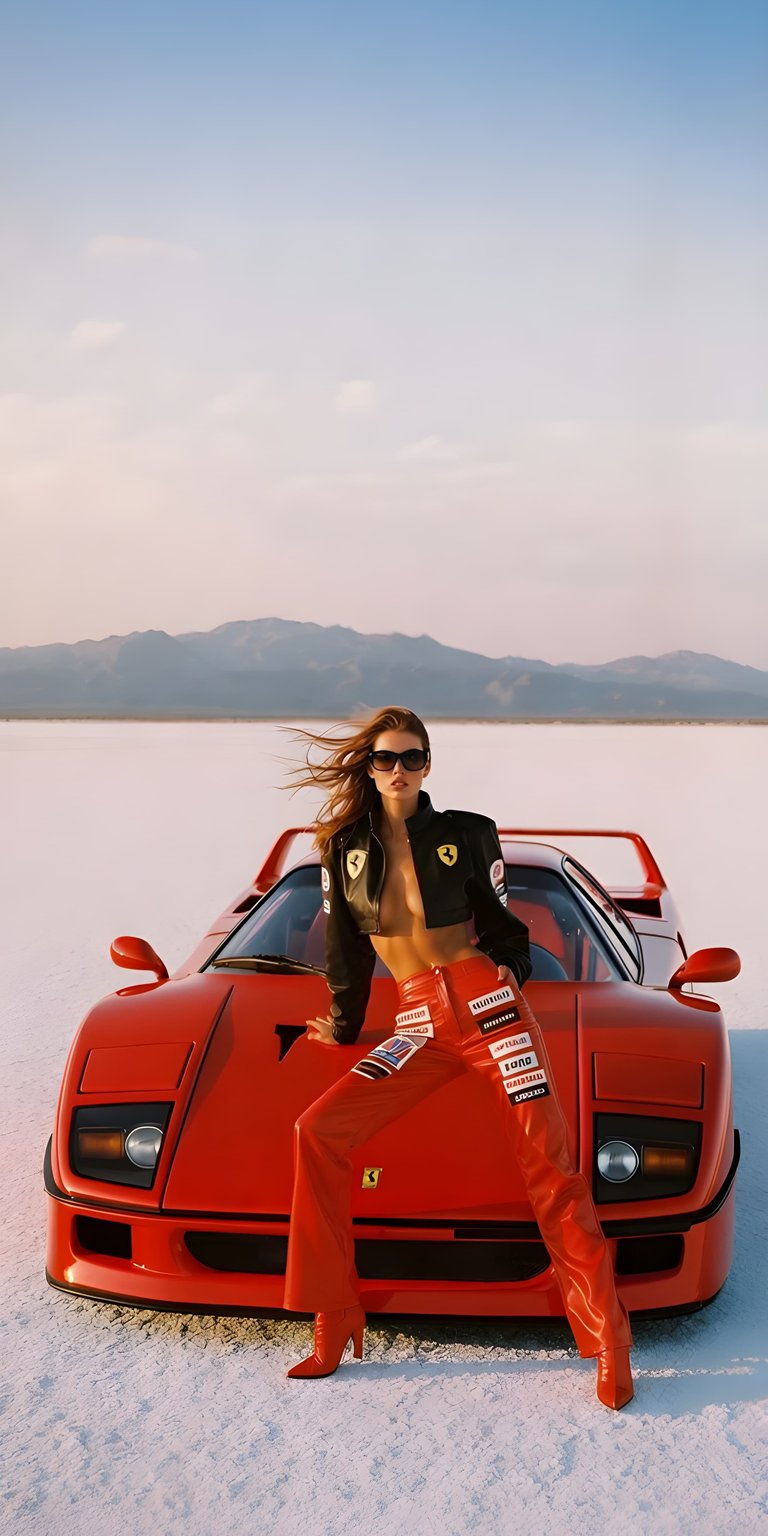 This stunning 4K wallpaper features Kaia Gerber posing with a classic red Ferrari F40 on the expansive white salt flats. A perfect choice for an aesthetic wallpaper on iPhone, it captures a bold fashion-meets-automotive mood with bright natural lighting and high-contrast colors.