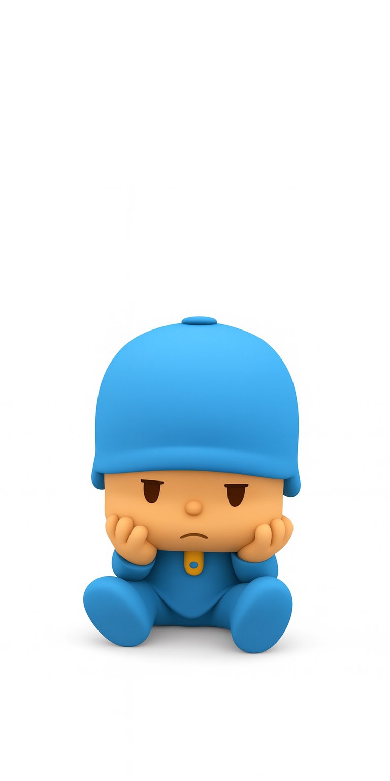 Download this high-quality Pocoyo wallpaper in 4K for your iPhone, featuring the character with his head resting on his hands and wearing a blue suit. This wallpaper captures Pocoyo's distinctive look and expressive frown.