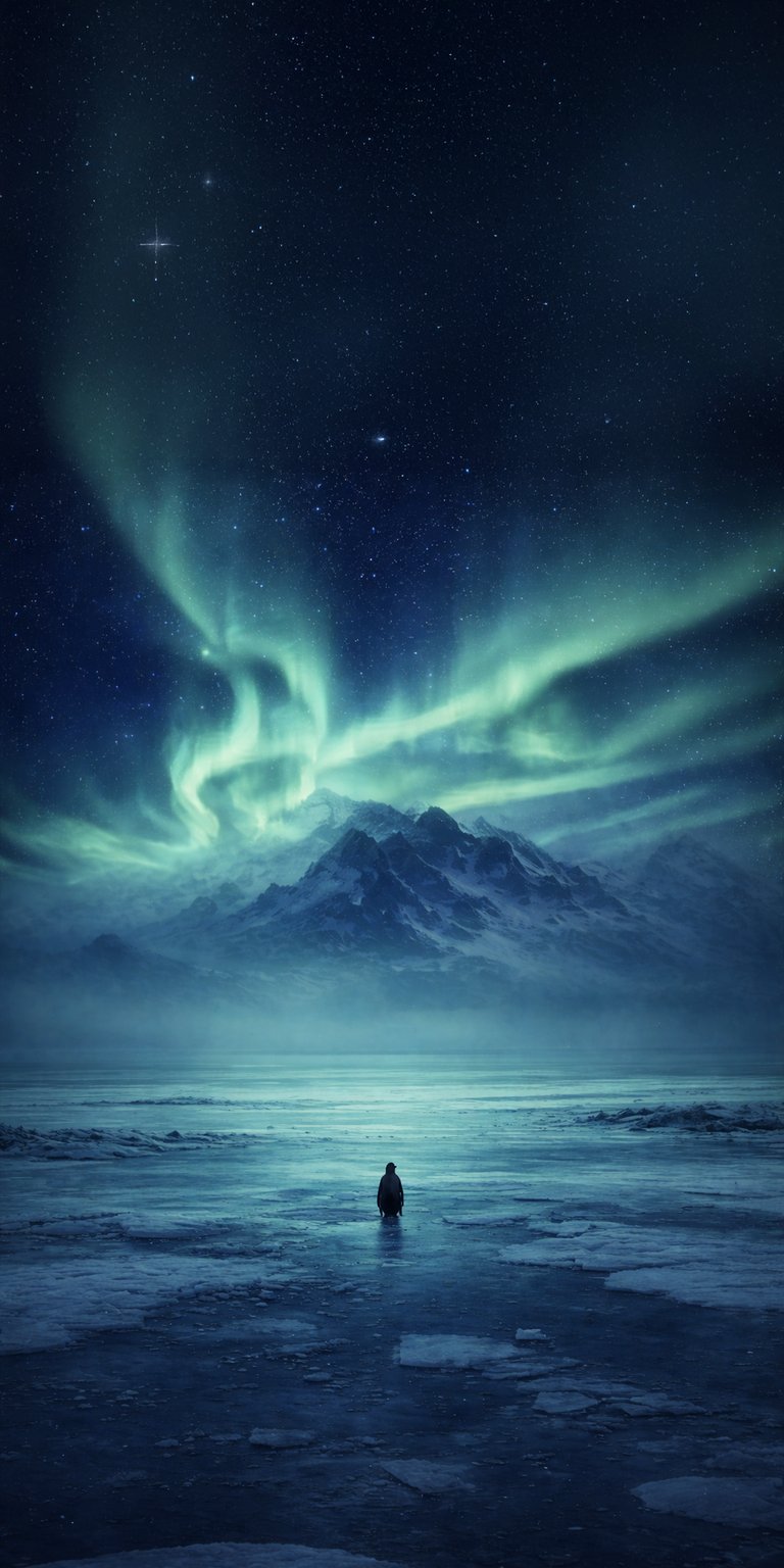 Download this captivating 4K wallpaper for your iPhone, showcasing a solitary figure standing on a frozen landscape under the mesmerizing Aurora Borealis. This stunning wallpaper features a backdrop of snow-capped mountains and a brilliant starry night.