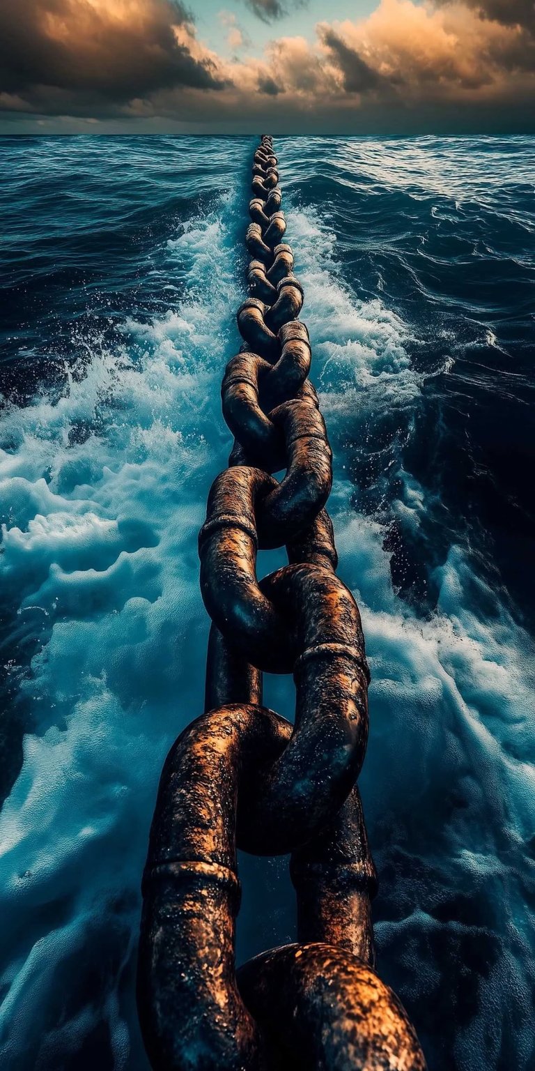 Download this stunning ocean chain 4K wallpaper for your iPhone, showcasing a rusty metal chain disappearing into the sea. See the moody sky overhead and white wake trails left in the water with this captivating wallpaper.