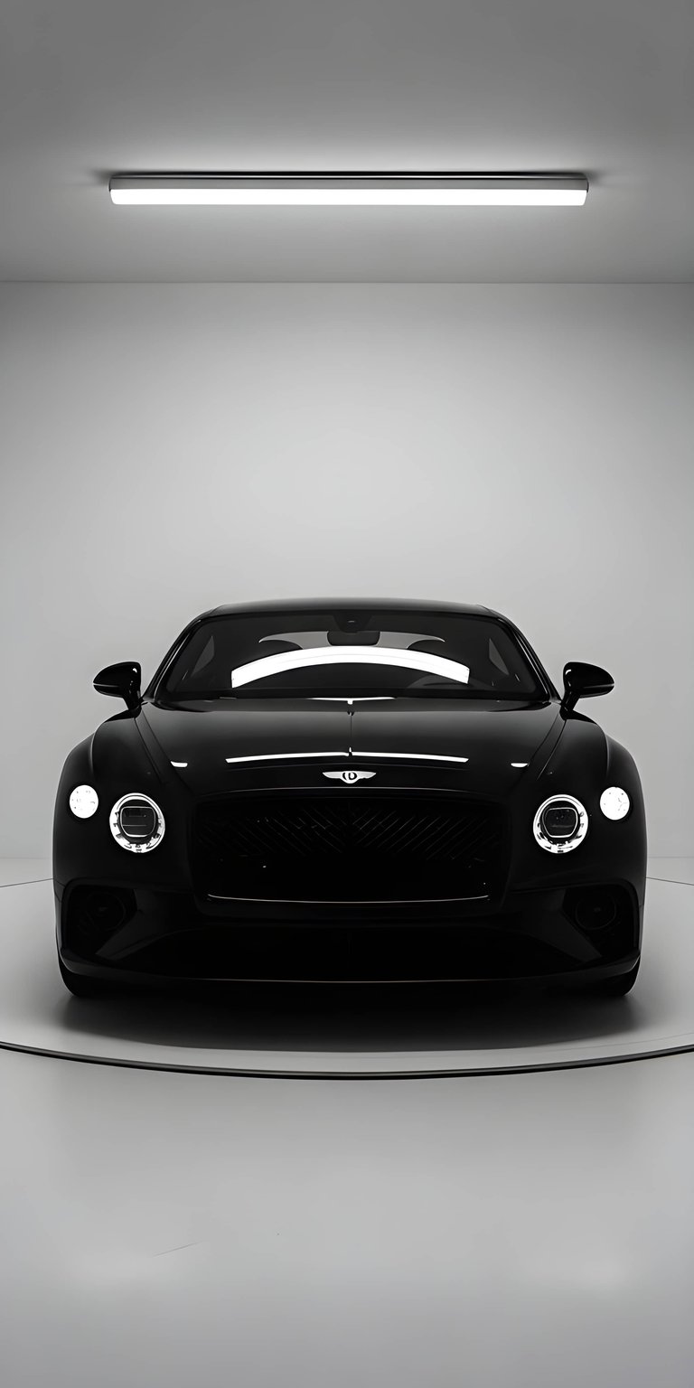 A sleek black Bentley is showcased in a clean, brightly lit studio setting for this minimalist wallpaper. Elevate your iPhone with this high-end car wallpaper design.