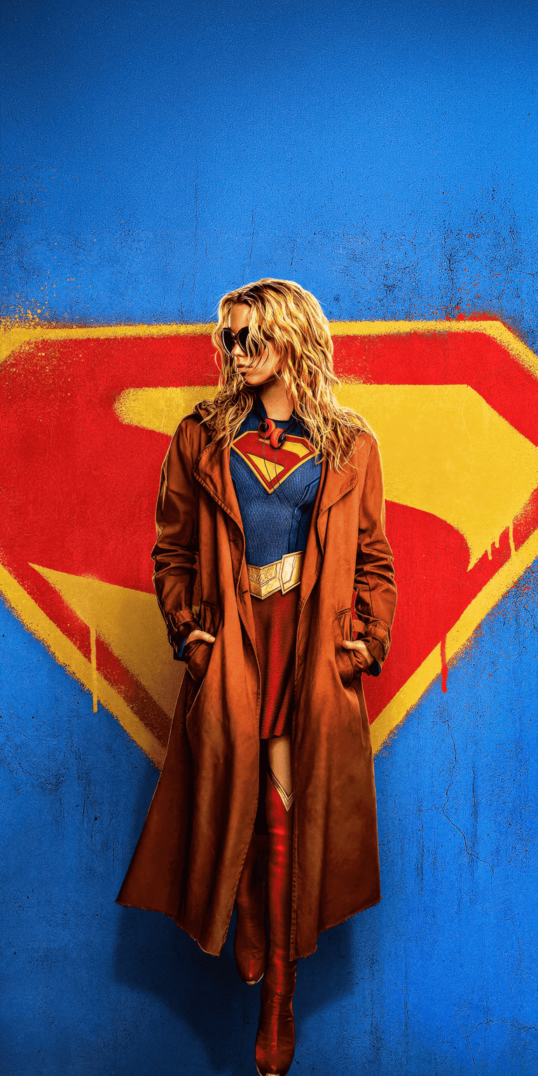 Download this Supergirl 4K wallpaper for your iPhone, showcasing her standing tall in a brown trench coat against a vibrant graffiti-style logo. This wallpaper captures Supergirl's unique style with her signature red boots and cool sunglasses.