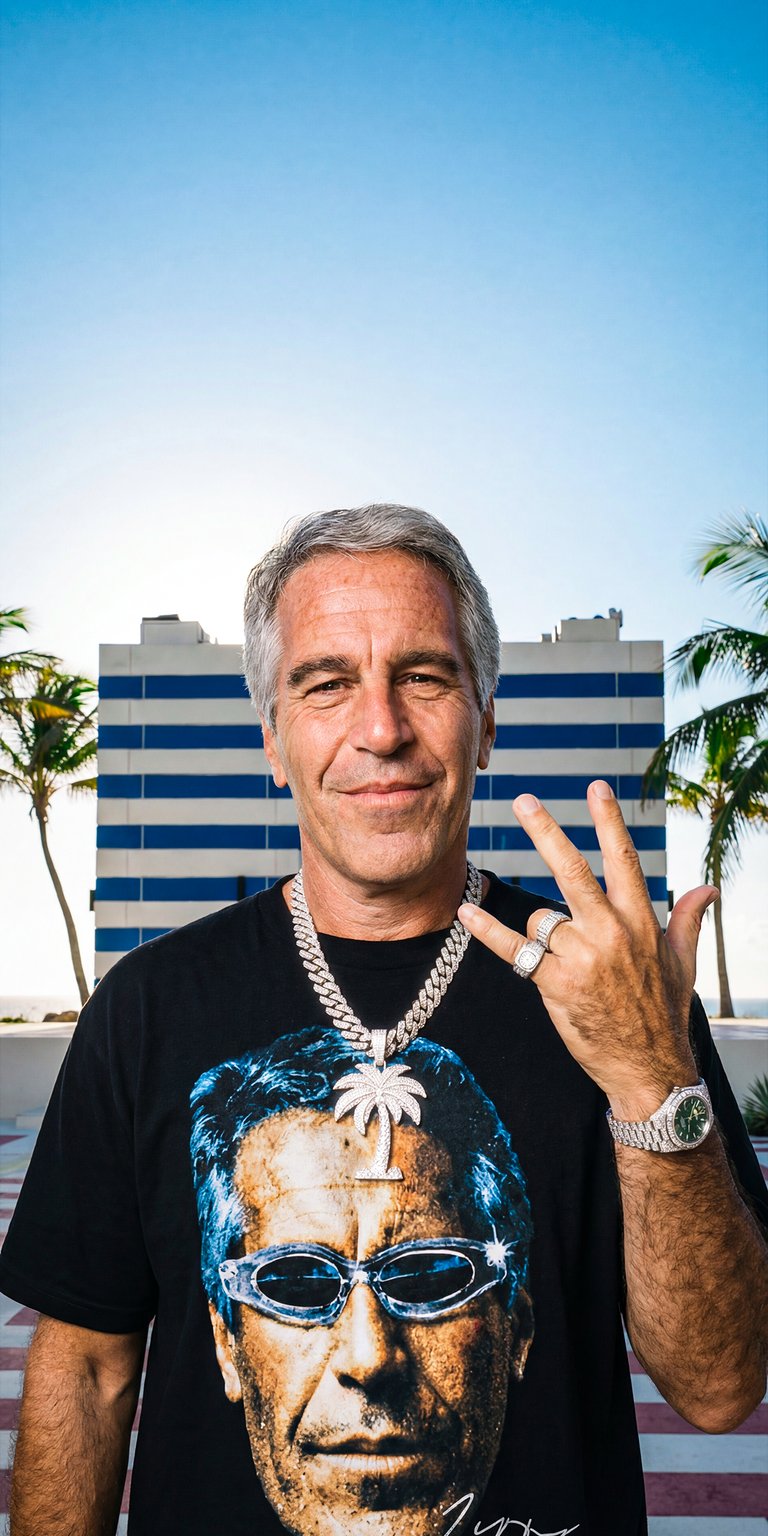 Jeffrey Epstein portrait aesthetic wallpaper featuring bold lighting, palm trees, and a blue-toned modern building backdrop. This wallpaper for iPhone delivers a sharp, high-contrast aesthetic wallpaper look, making it a striking lock screen and home screen wallpaper.