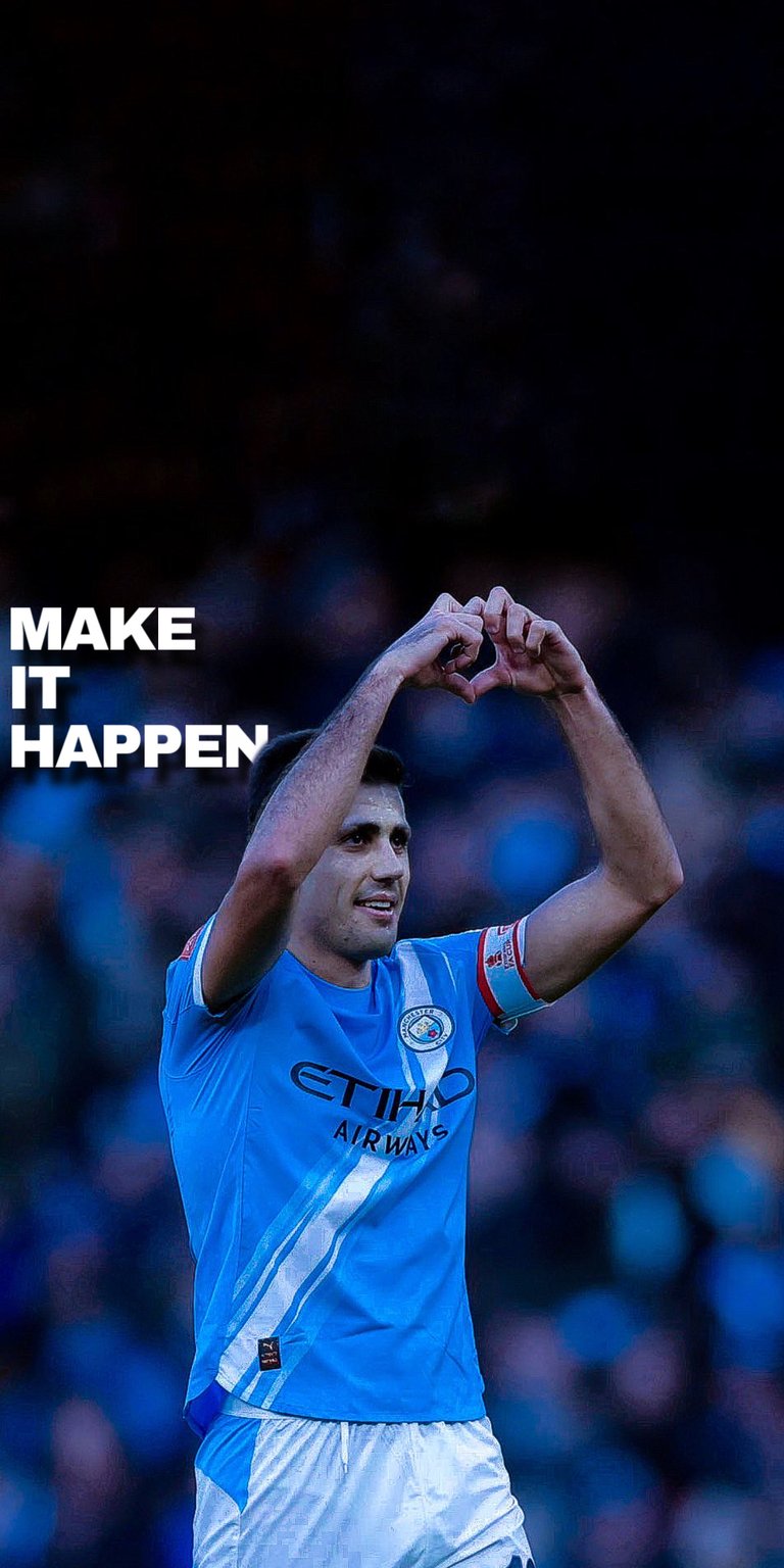 Get this Rodri 4K wallpaper for your iPhone today! The soccer player is making a heart with his hands and is wearing a blue jersey with "Etihad Airways" printed on it; this wallpaper is a must-have for any fan.