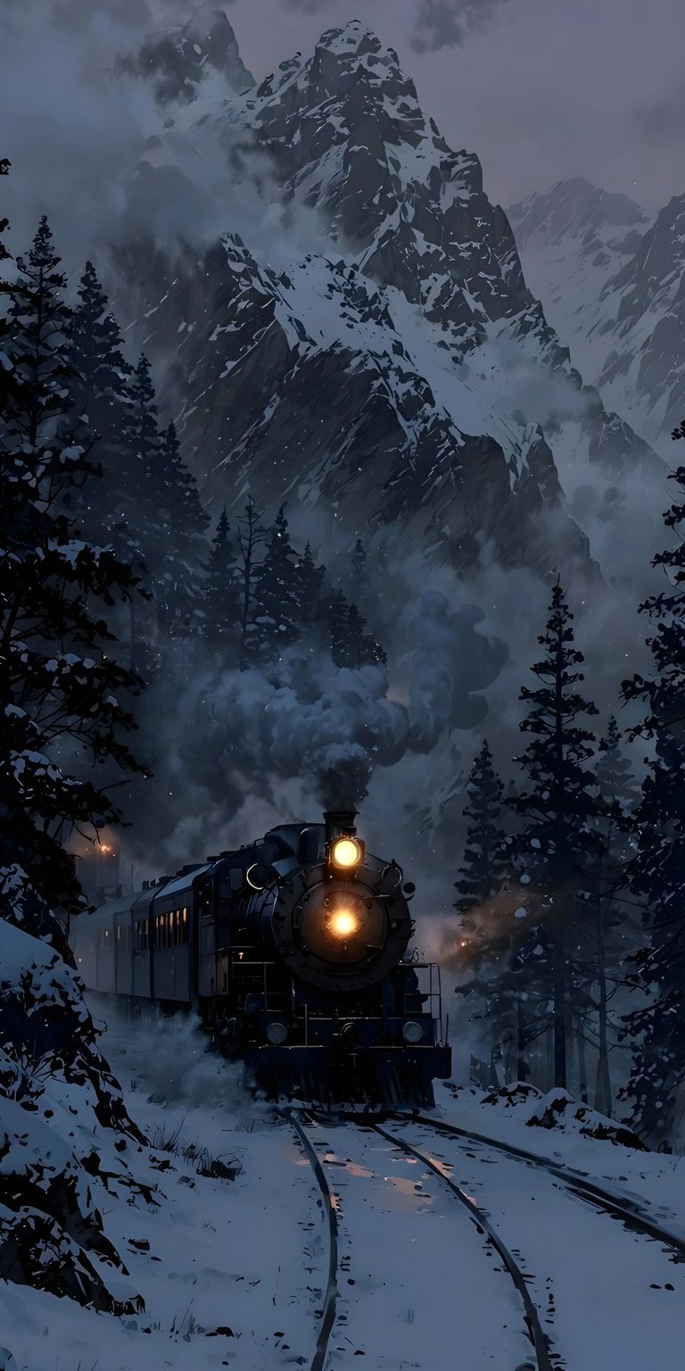 Immerse yourself in a captivating winter landscape with this high-resolution 4K wallpaper. The scene features a powerful, classic steam locomotive, its bright headlight cutting through the atmospheric snowfall and the gathering twilight. It chugs along the tracks, framed by towering, snow-dusted evergreen forests and majestic, rugged mountains looming in the background. The low light, coupled with the warm glow from the train windows and trackside lamps, creates a cozy, nostalgic, and intensely aesthetic mood. This artistic rendering perfectly combines the drama of a mountain journey with the tranquility of a snowy night, making it an ideal background for lovers of winter aesthetics, vintage trains, and dark/moody fantasy visuals. Elevate your screen with this dramatic and cinematic masterpiece!