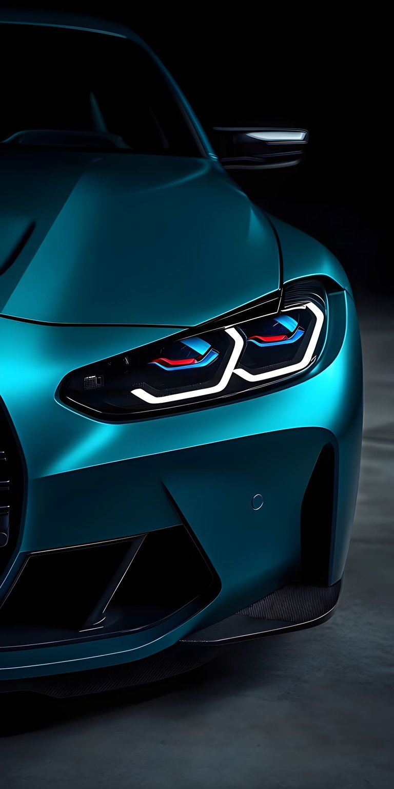 Experience the sleek design of the BMW with this stunning 4K wallpaper for your iPhone. Admire its sharp headlights, teal paint, and dark accents as your new wallpaper.