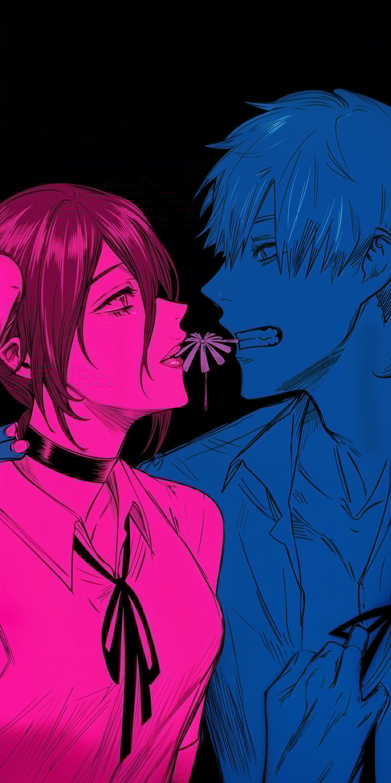 Download this high-definition 4K wallpaper of Denji and Reze for your iPhone; this wallpaper features a pink and blue color scheme, Reze with a black choker, and Denji holding a strange cigarette.