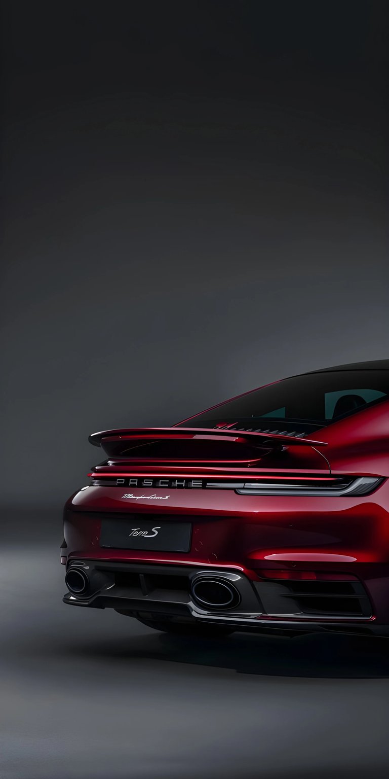 An elegant yet powerful shot of the Porsche 911 Turbo S. This wallpaper highlights the smooth curves, dual exhaust, and metallic red finish of one of the world's most recognizable sports cars. The studio-style lighting emphasizes the luxury and precision of the 911 silhouette.