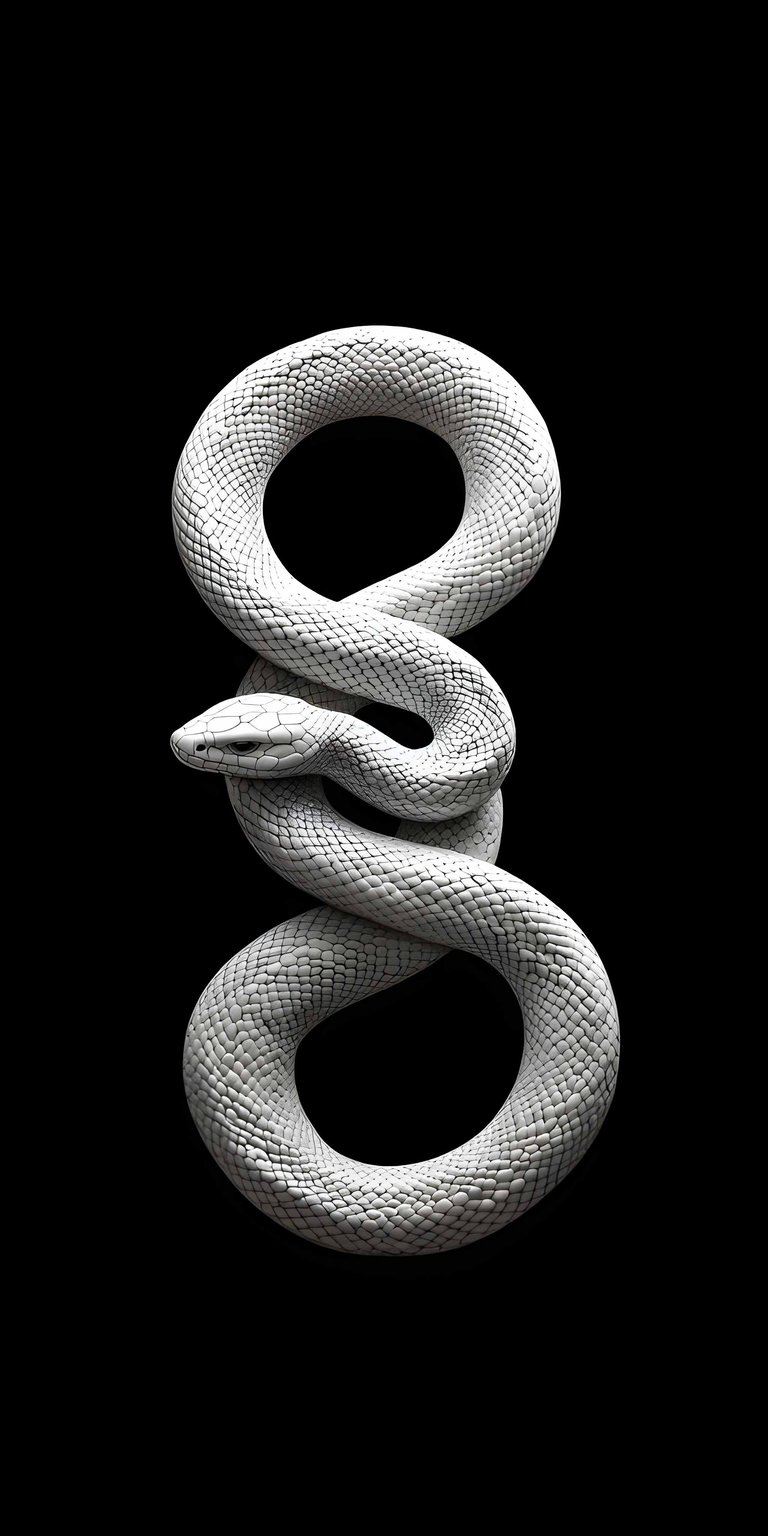 This 4K static wallpaper features a detailed white snake coiled into a symmetrical figure-eight shape against a deep black background. Perfect for OLED screens, this iPhone wallpaper highlights the intricate scale textures and high-contrast lighting of the serpent.