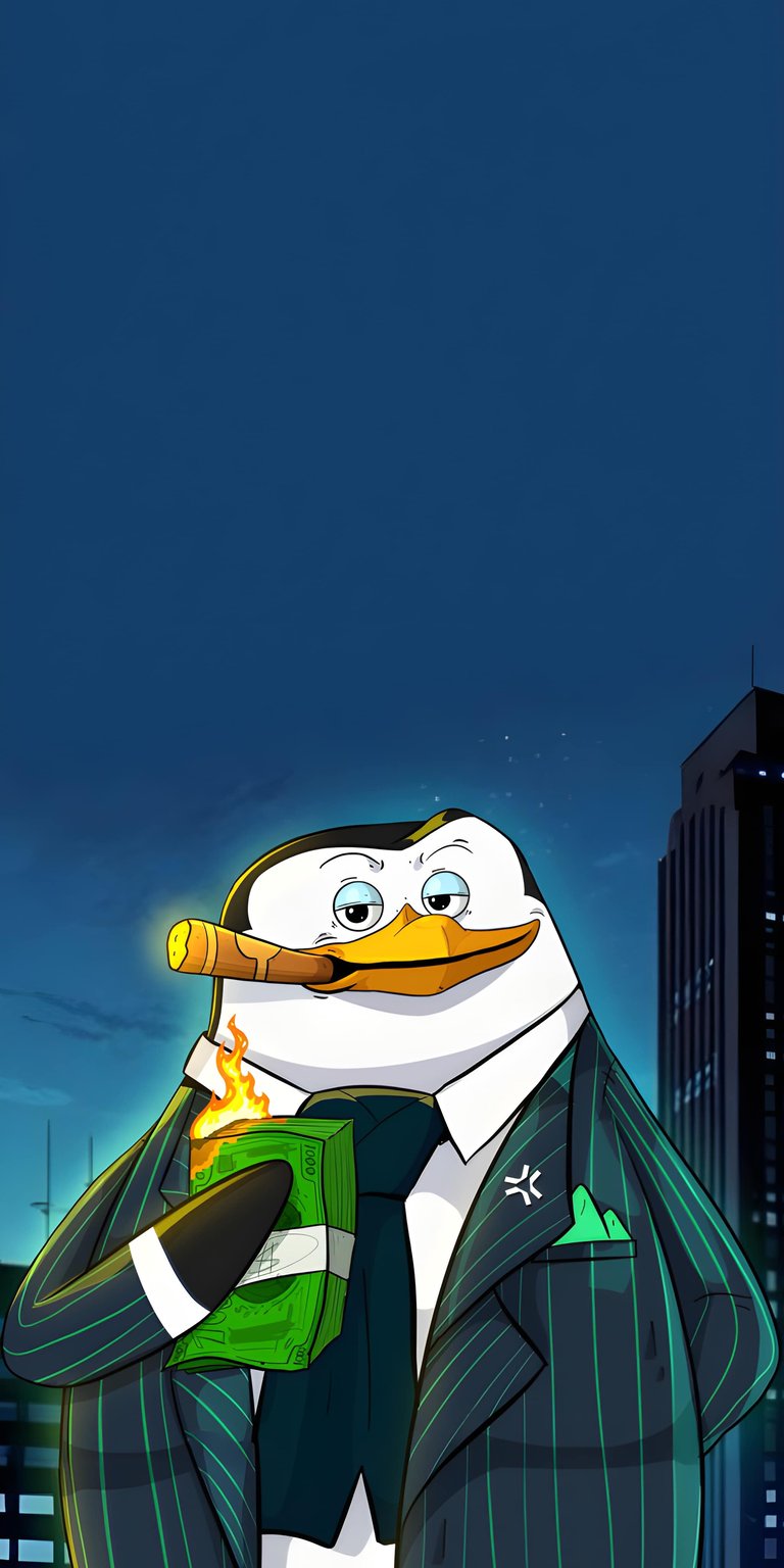 This aesthetic wallpaper features Skipper wearing a sharp pinstripe suit while smoking a cigar and holding a burning stack of cash. The illustration uses deep teal tones and dramatic lighting to create a cinematic look for your iPhone.