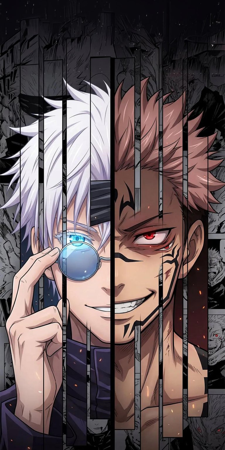 This stunning Gojo and Yuji 4K wallpaper is optimized for iPhone, featuring Sukuna's red eye, Gojo's monocle and panels of manga behind them. Download this wallpaper to give your phone a stylish anime look.