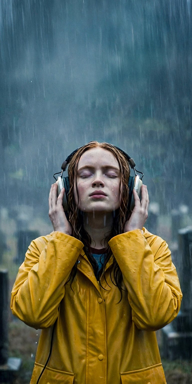 A powerful 4K wallpaper capturing the iconic and emotional moment from Stranger Things 4 where Max Mayfield (Sadie Sink) listens to her favorite song to save herself. She is seen in a yellow raincoat, with her eyes closed, completely immersed in the music as the rain pours down in a gloomy cemetery setting. This image perfectly encapsulates her struggle and resilience.