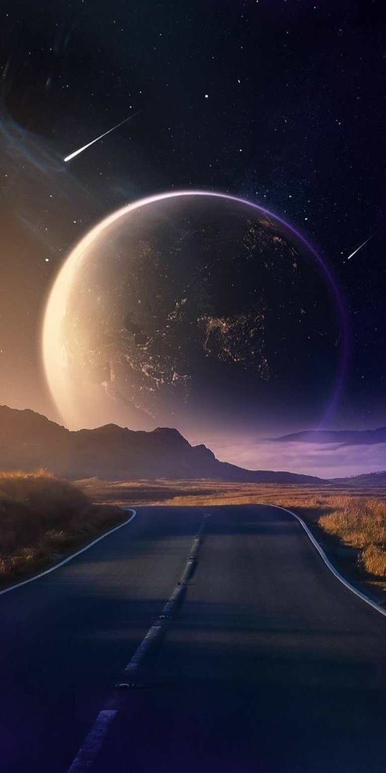 Large moon on the road view HD wallpaper
